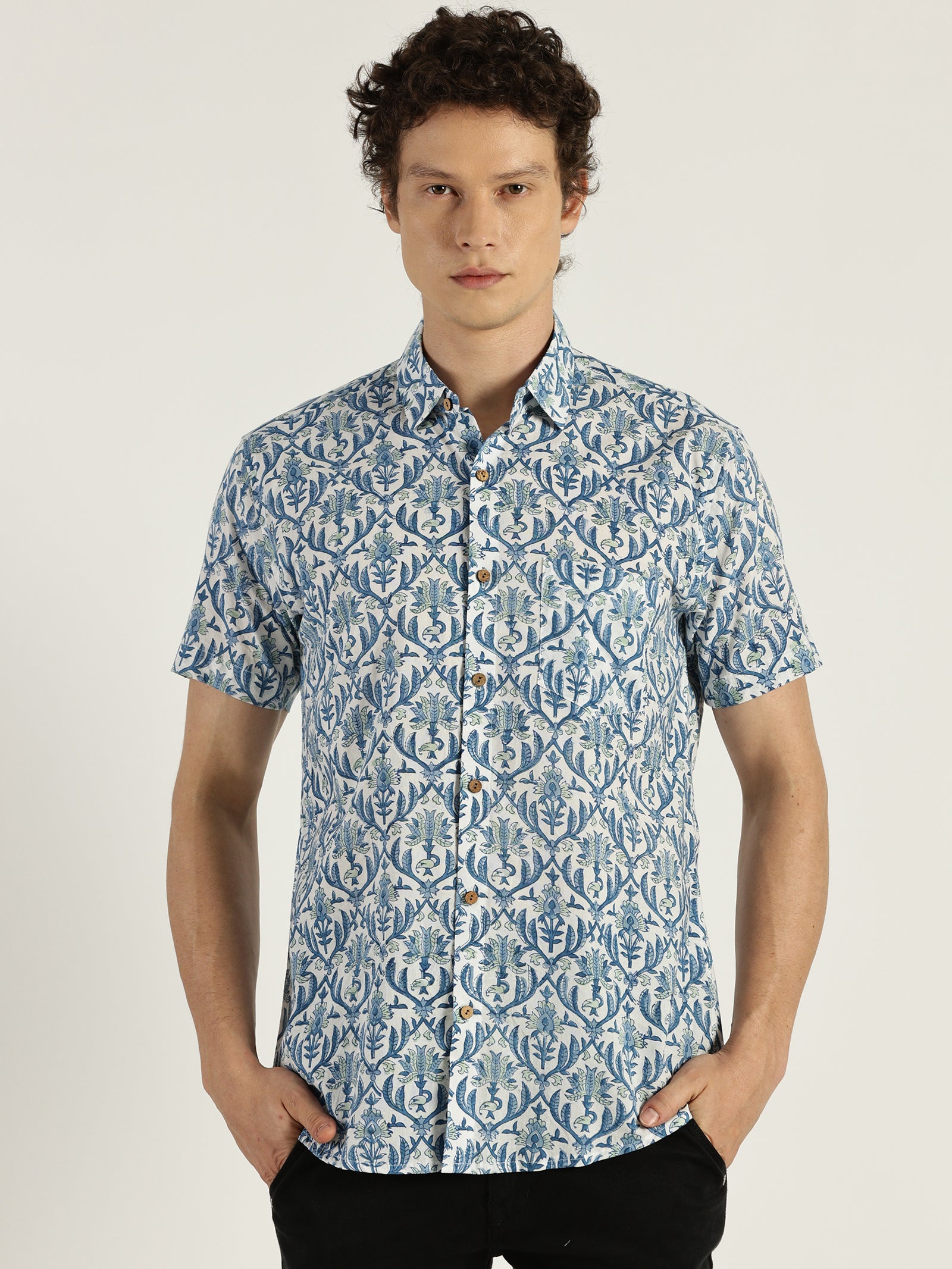 Blue Pottery Block Printed Halfsleeves Cotton Shirt by Brand Patrah