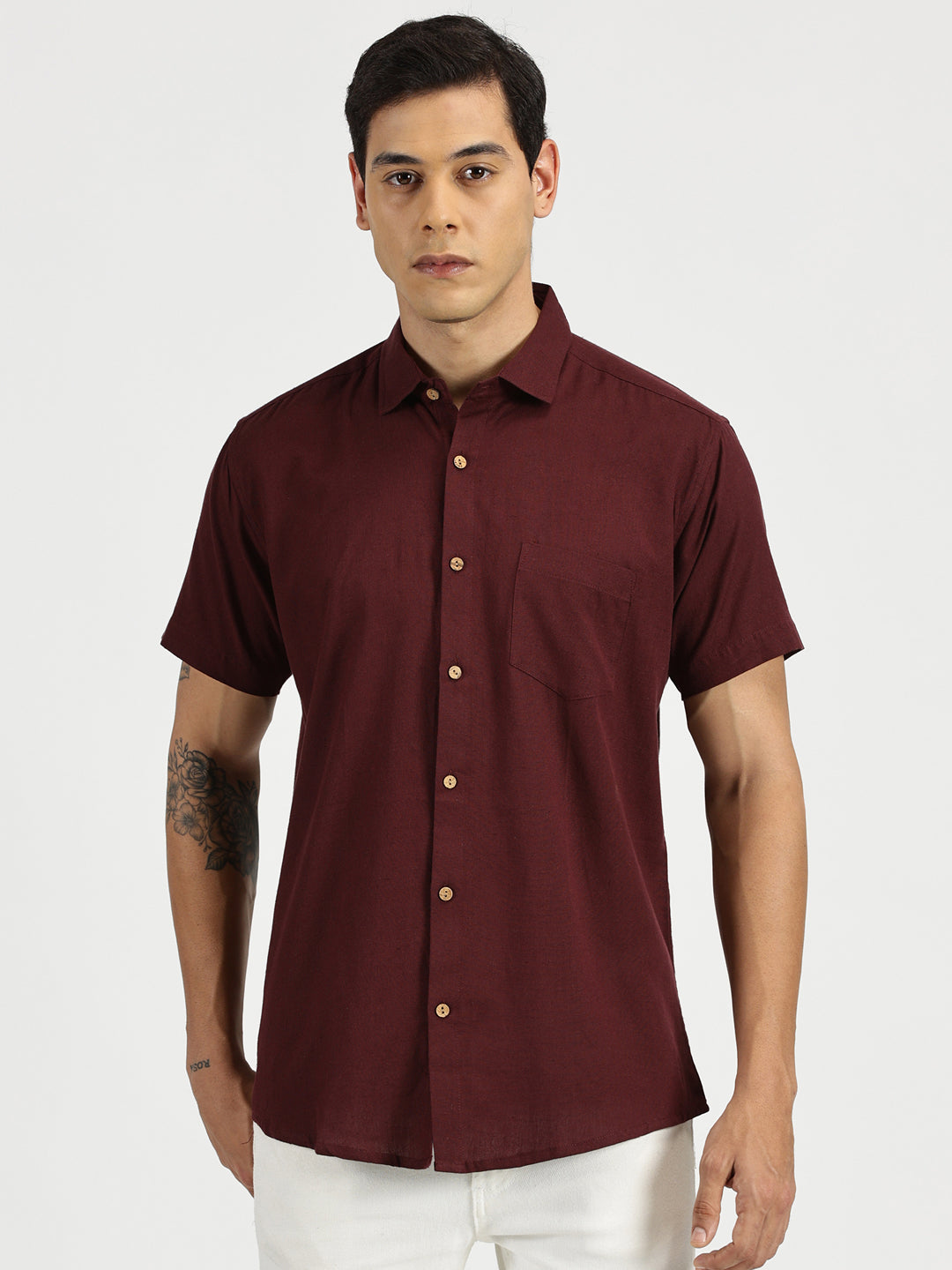 White Model wearing Maroon Slub Soft Cotton Halfsleeves Shirt by Brand Patrah