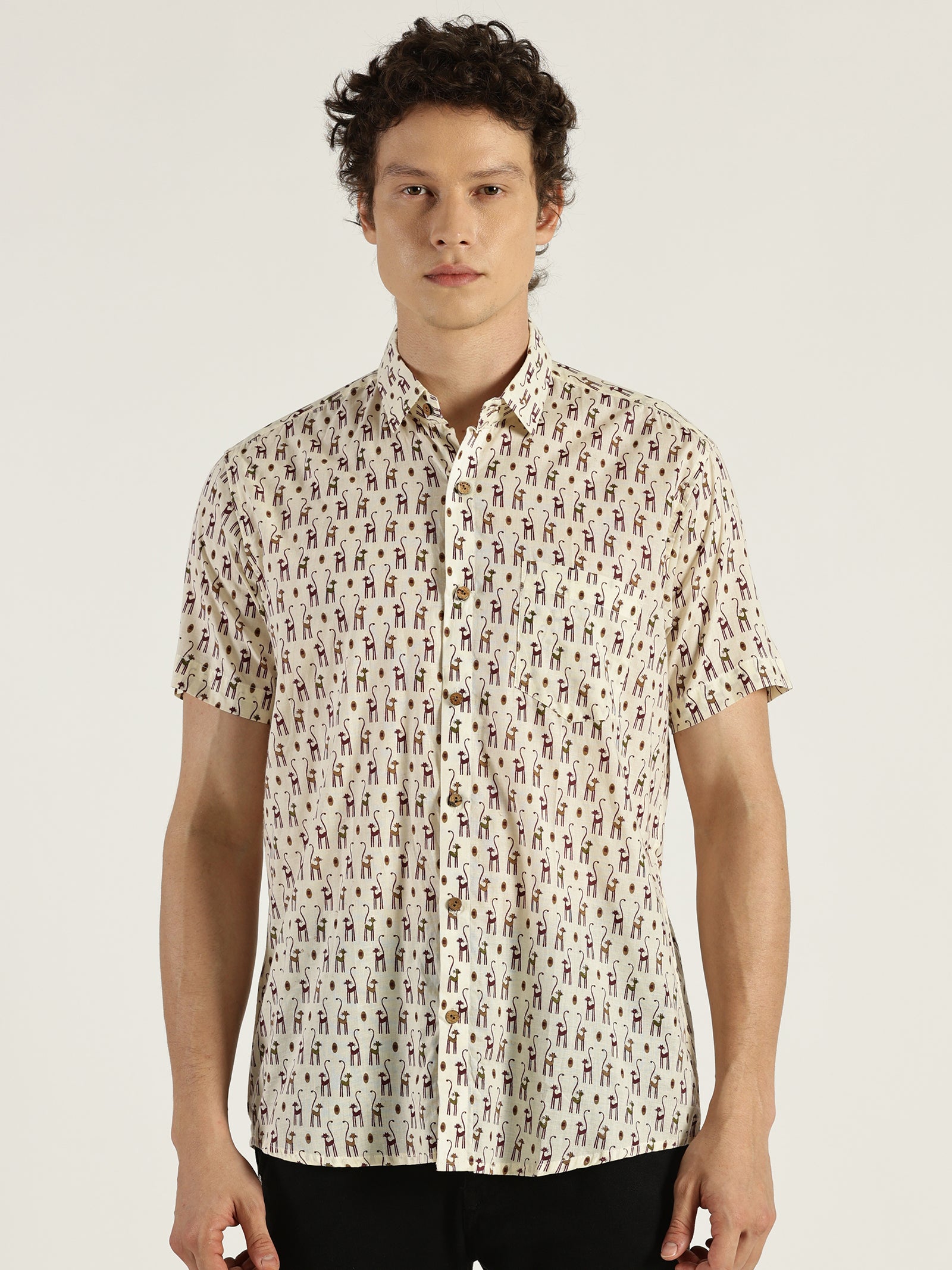 White Model wearing Sleeky Cat Printed Halfsleeves Cotton Shirt by Brand Patrah