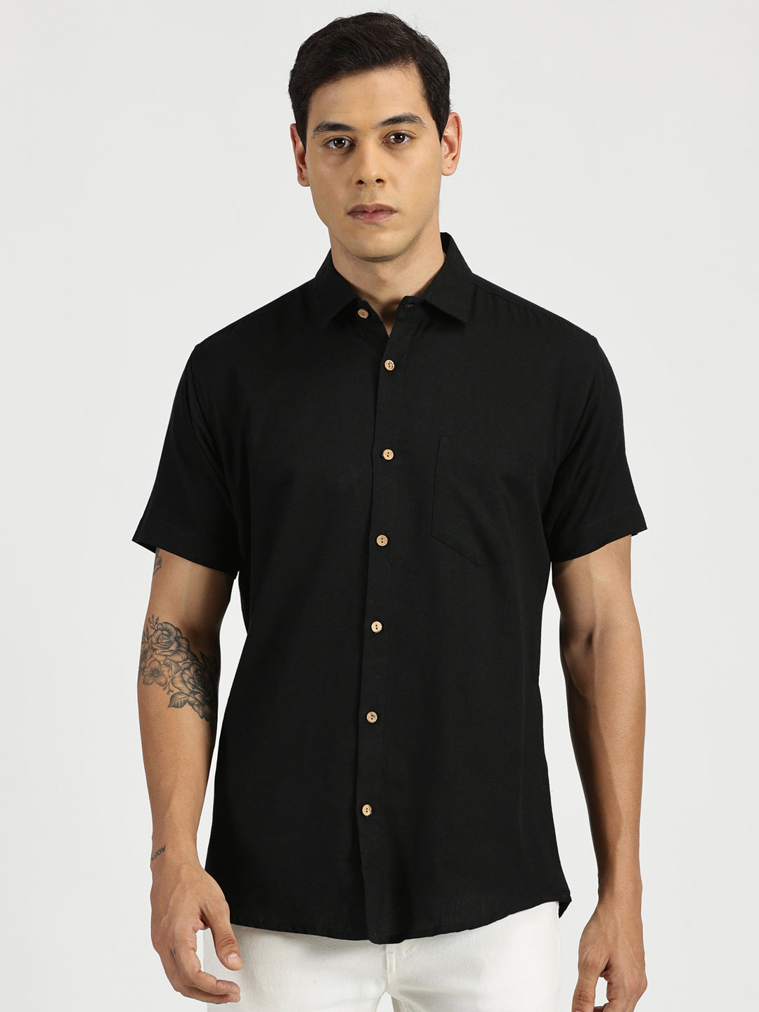 Black Slub Soft Cotton Halfsleeves Shirt