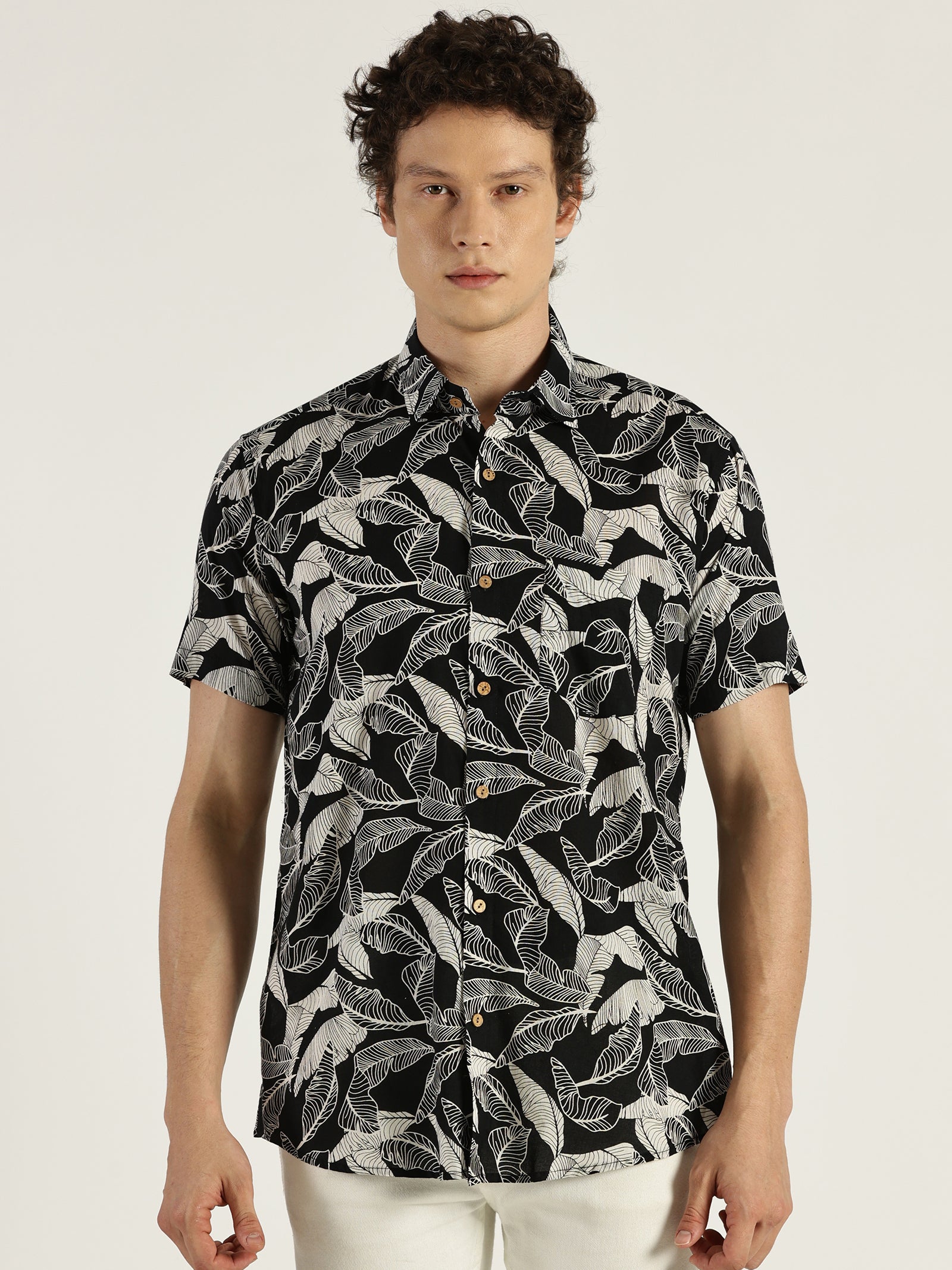 Tropical Leaf Black Printed Halfsleeves Cotton Shirt by Brand Patrah
