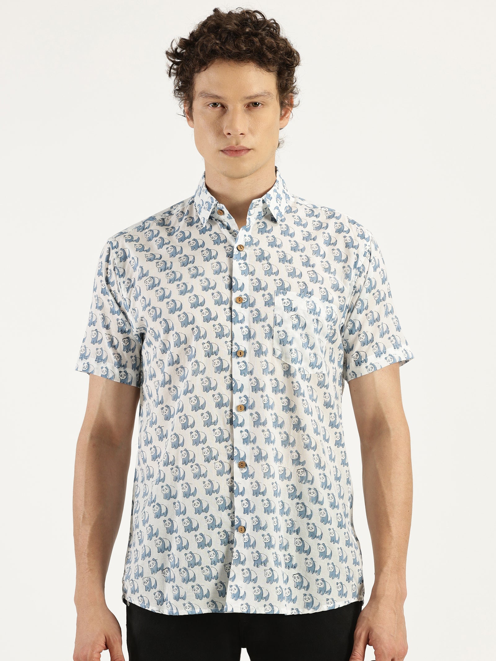 Blue Panda Block Printed Halfsleeves Cotton Shirt by Brand Patrah