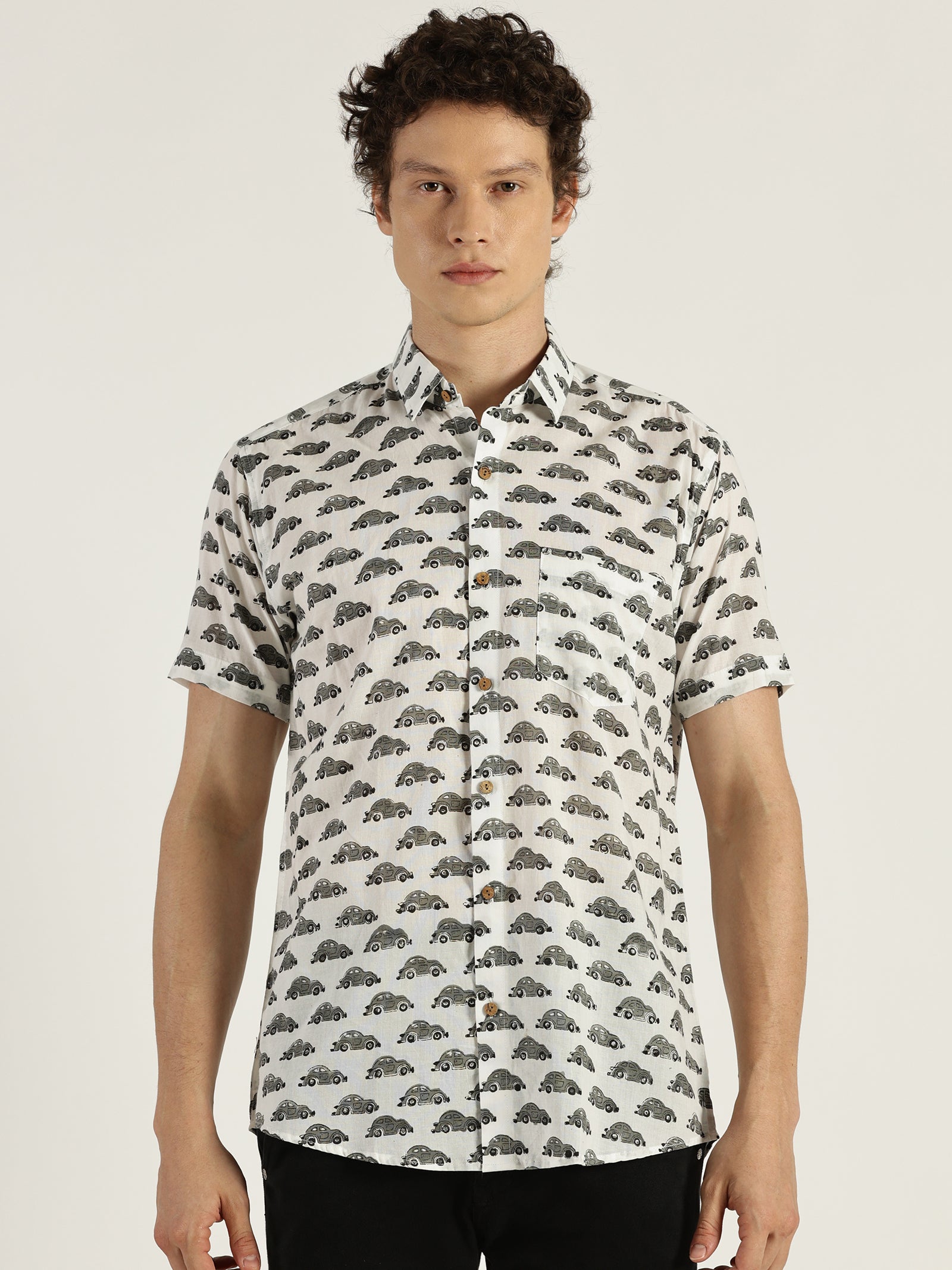 Grey Car Block Printed Halfsleeves Cotton Shirt by Brand Patrah