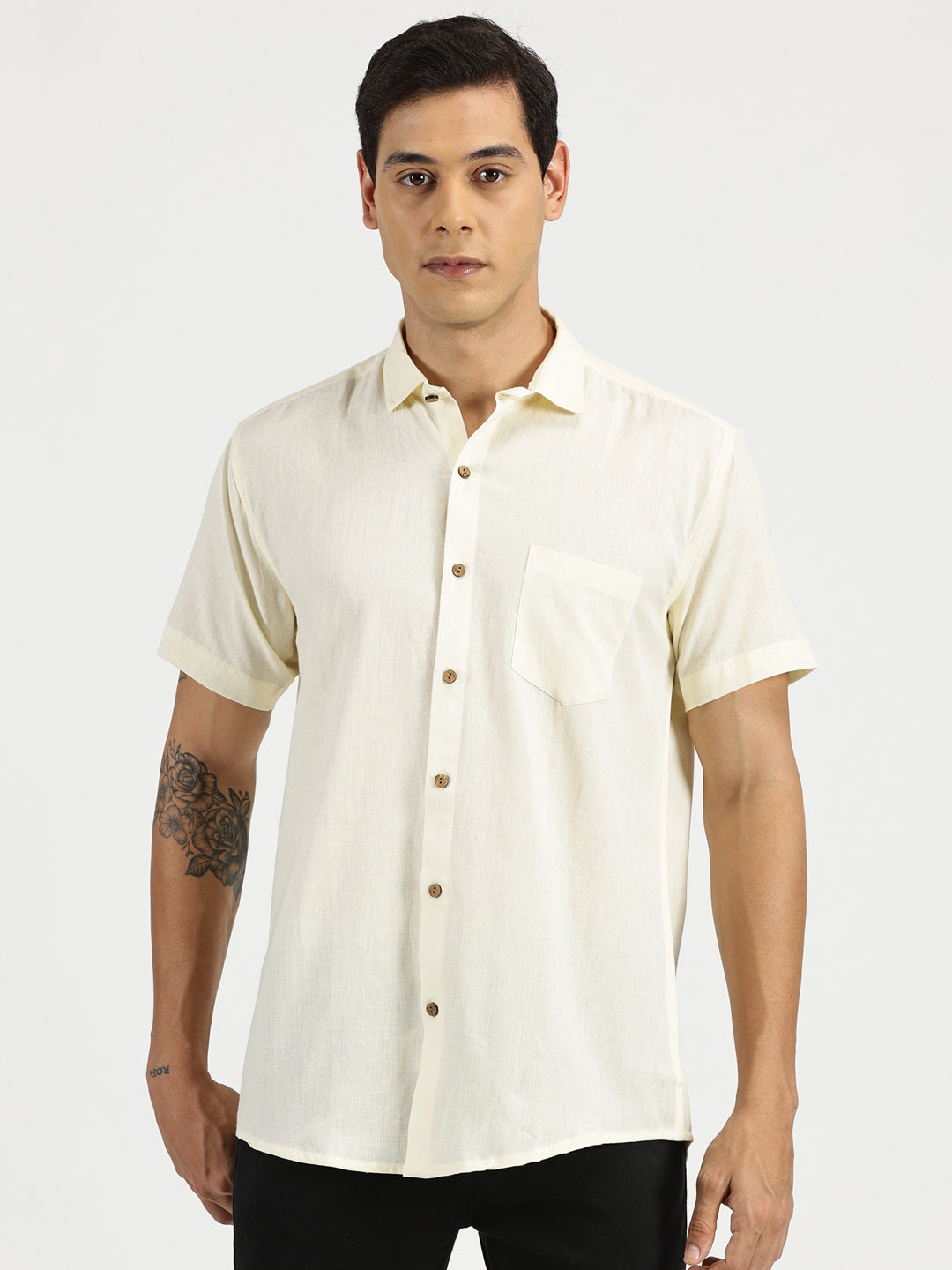 White Model wearing Off-white Slub Soft Cotton Halfsleeves Shirt by Brand Patrah