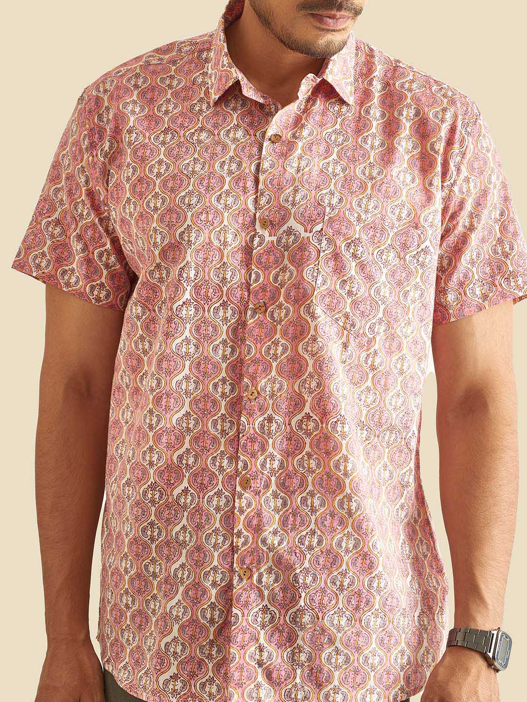 Close up of Pink and White Ethnic Block Printed Holiday Halfsleeves Cotton Shirt by Brand Patrah