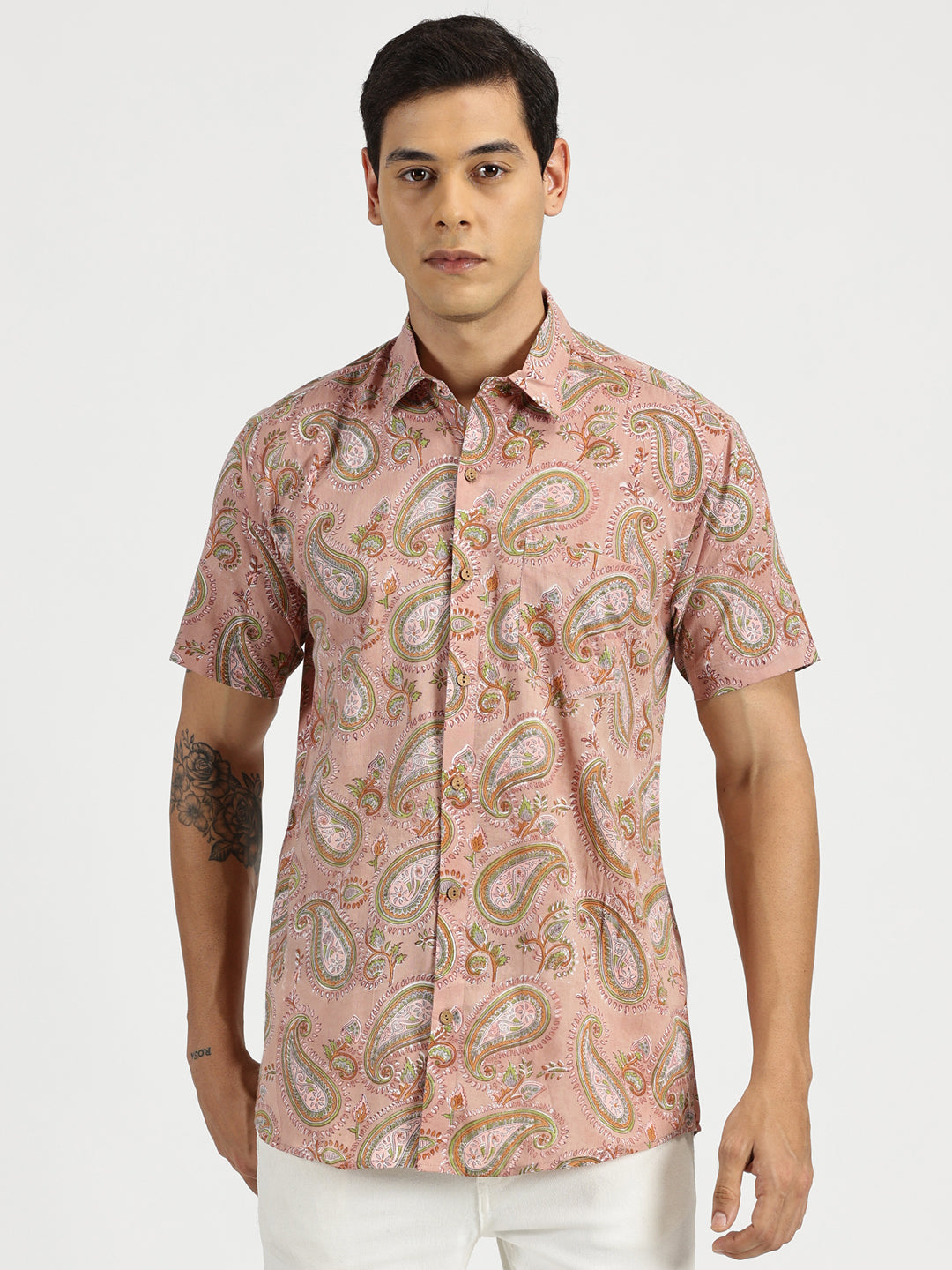 White Model wearing Pink Paisley Ethnic Block Printed Halfsleeves Cotton Shirt by Brand Patrah