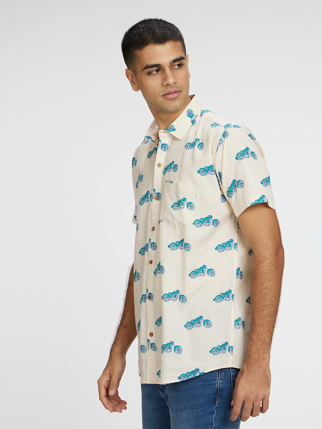 Brown Model wearing Blue Bike Printed Halfsleeves Cotton Shirt by Brand Patrah