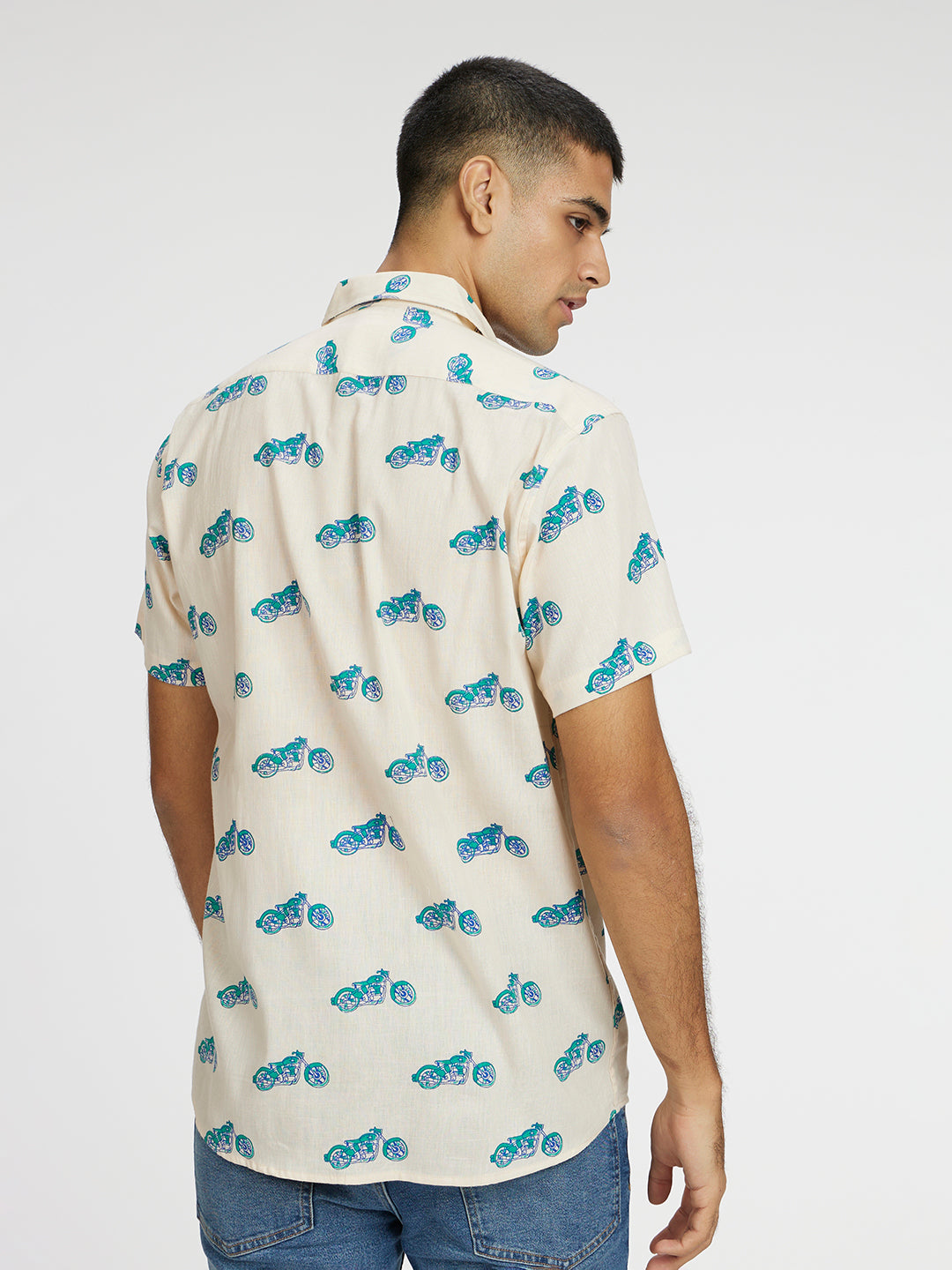 Model facing backwards wearing Blue Bike Printed Halfsleeves Cotton Shirt by Brand Patrah