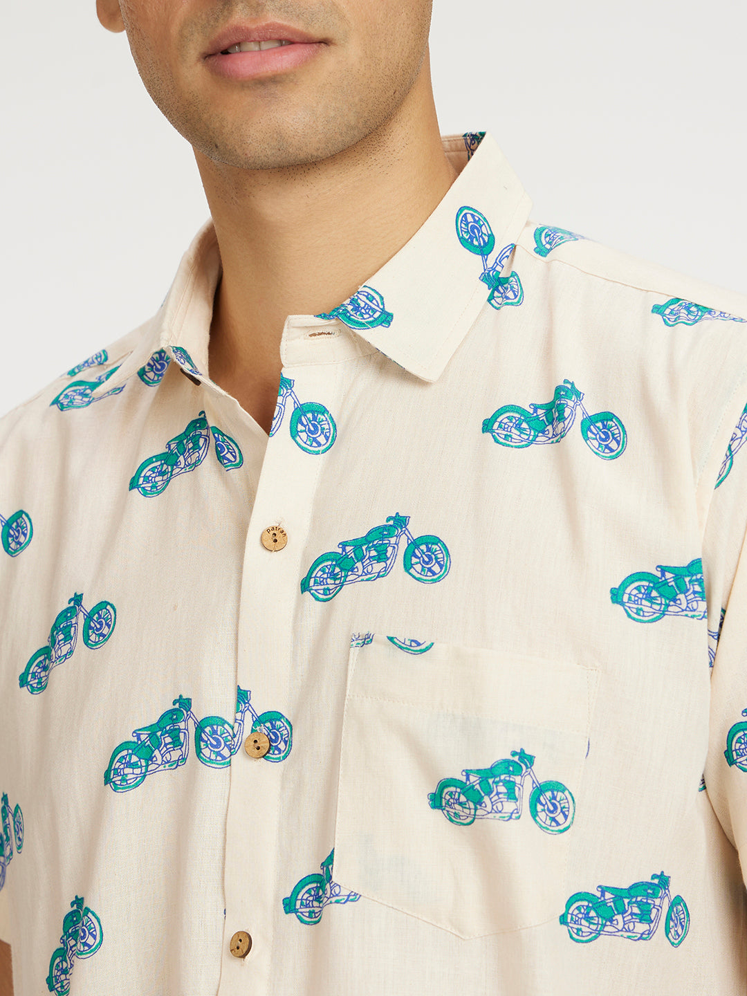 Close up of Blue Bike Printed Halfsleeves Cotton Shirt by Brand Patrah
