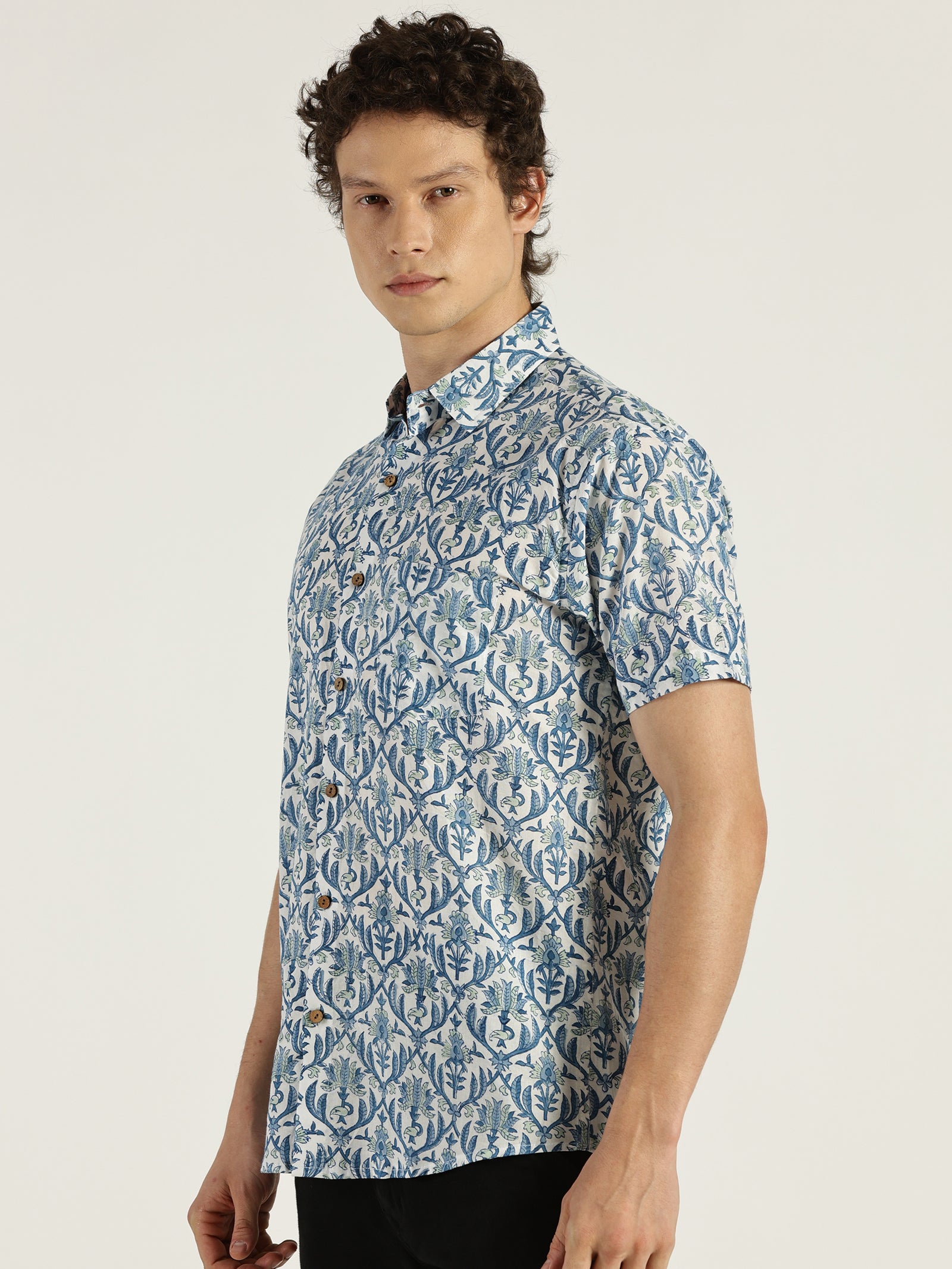 Blue Pottery Block Printed Halfsleeves Cotton Shirt by Brand Patrah