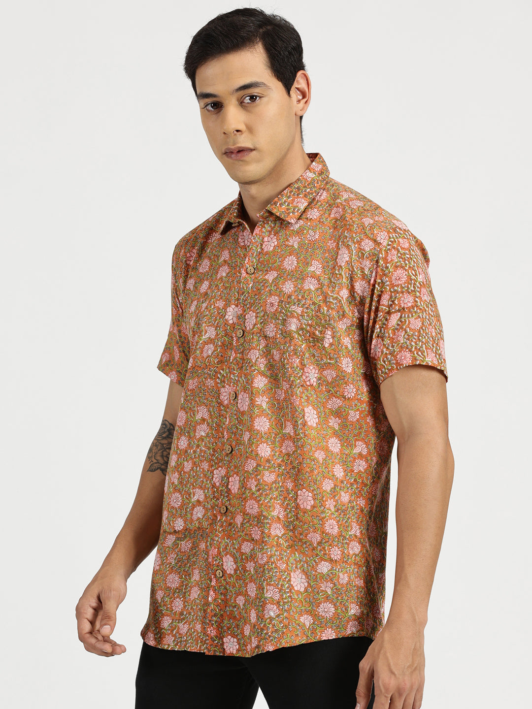 White Model wearing Rusty Blossom Block Printed Halfsleeves Mulmul Cotton Shirt by Brand Patrah