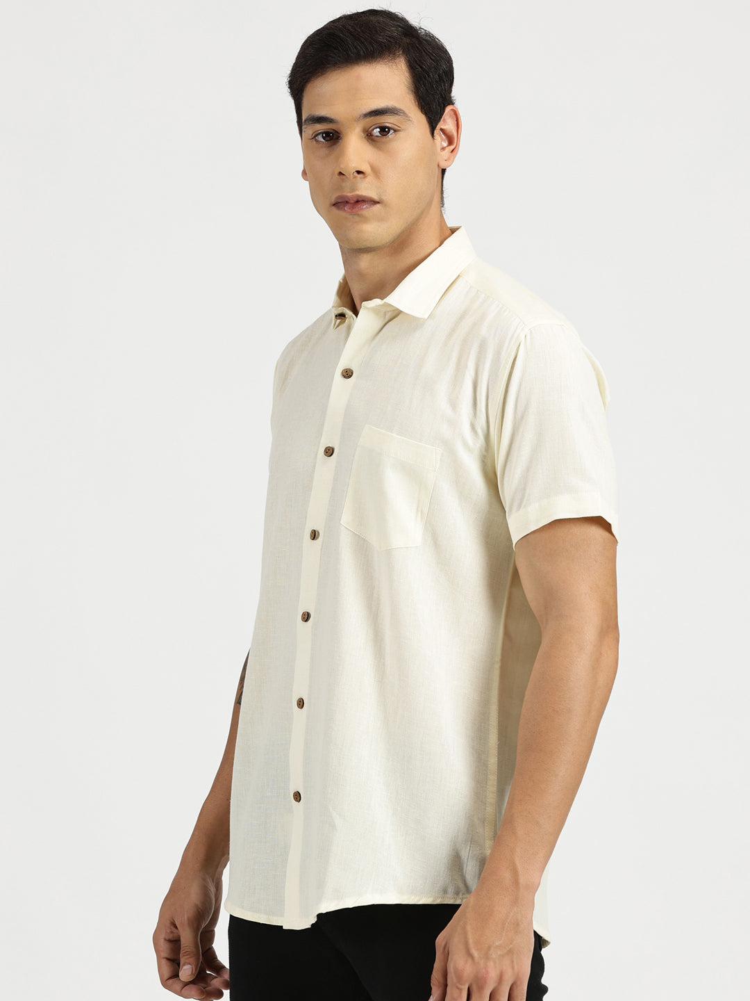 White Model wearing Off-white Slub Soft Cotton Halfsleeves Shirt by Brand Patrah