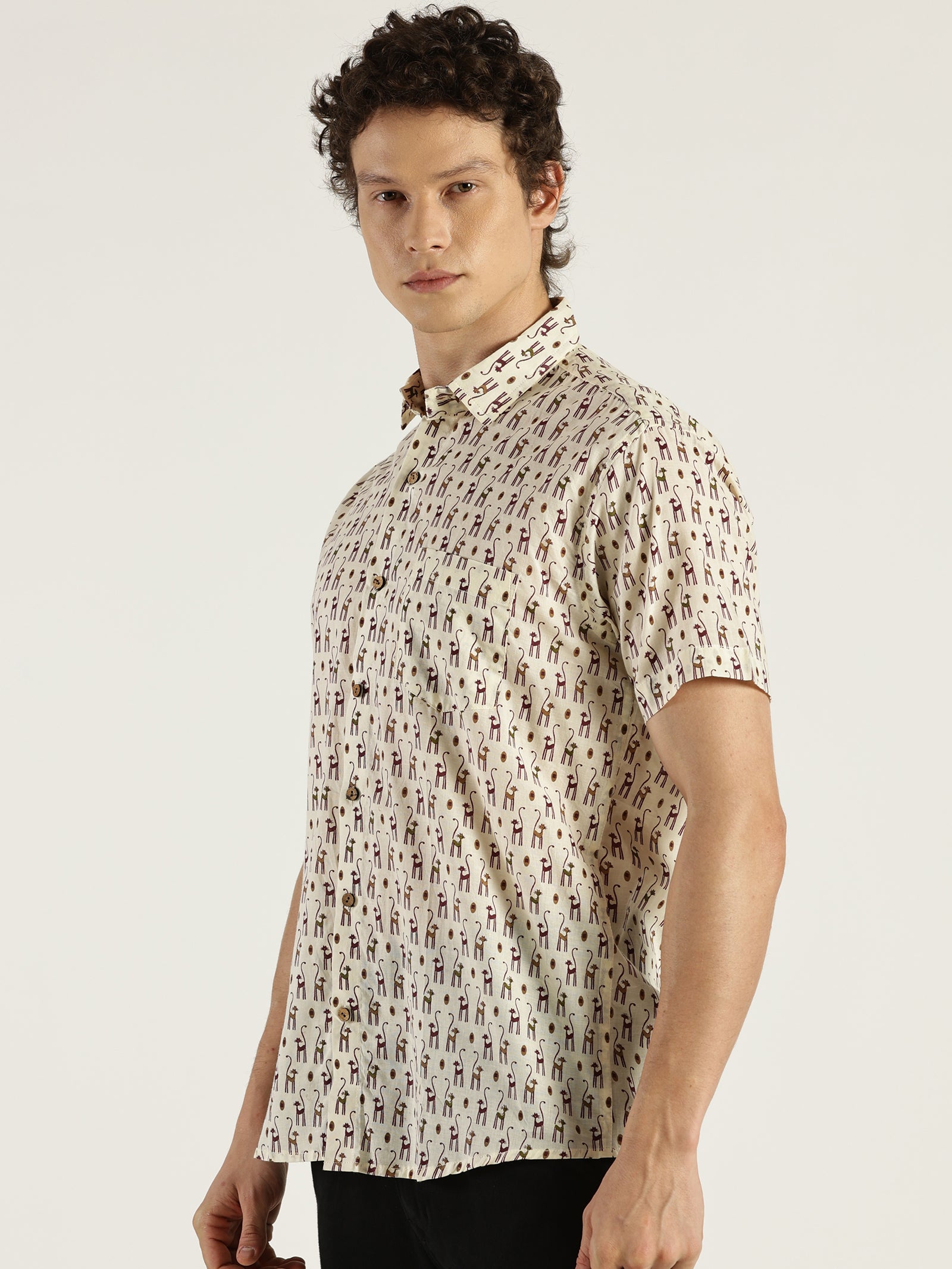 White Model wearing Sleeky Cat Printed Halfsleeves Cotton Shirt by Brand Patrah