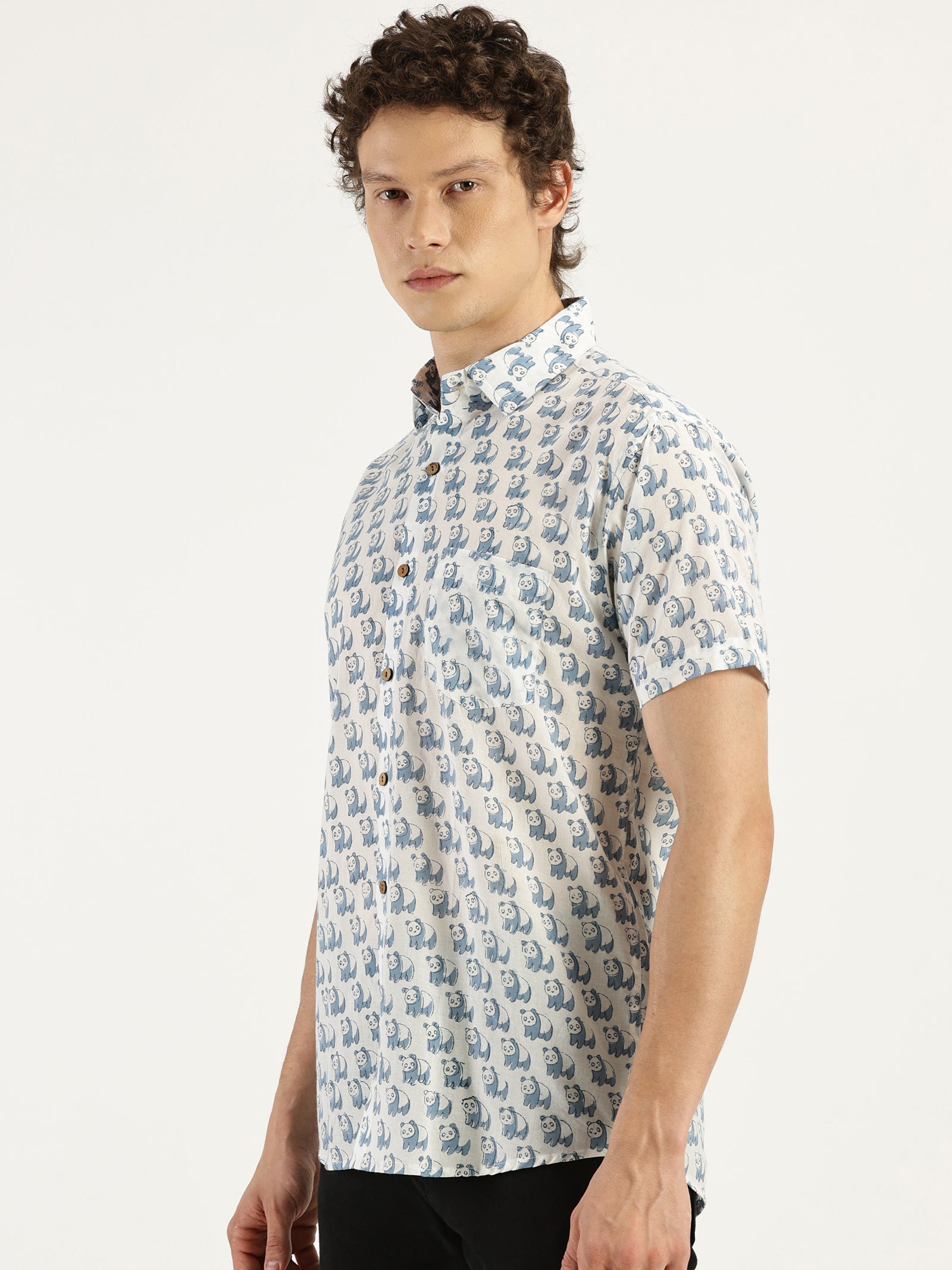 Blue Panda Block Printed Halfsleeves Cotton Shirt by Brand Patrah