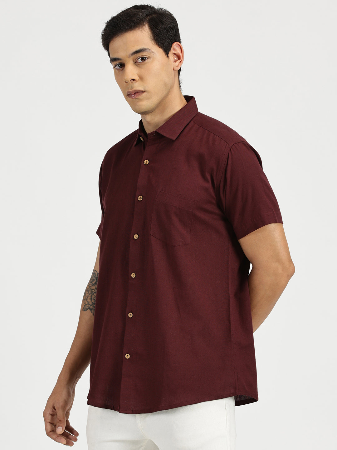 White Model wearing Maroon Slub Soft Cotton Halfsleeves Shirt by Brand Patrah