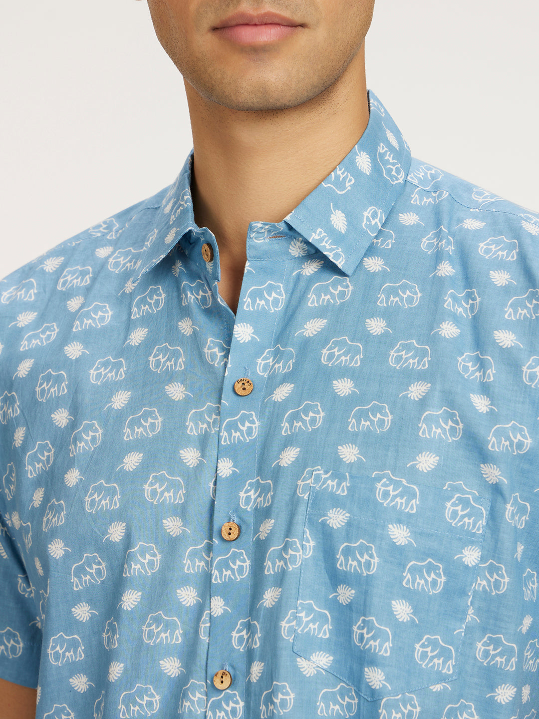 Close up of Blue skies white elephant printed Halfsleeves Cotton Shirt by Brand Patrah