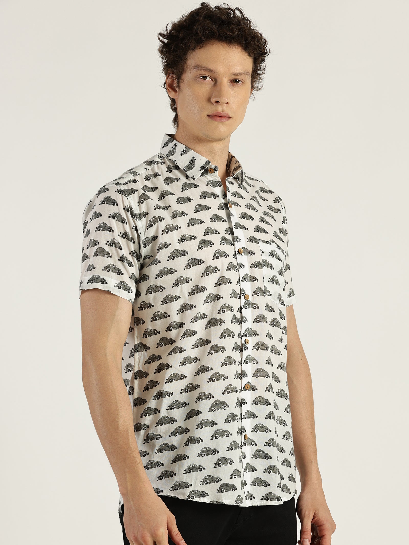 Grey Car Block Printed Halfsleeves Cotton Shirt by Brand Patrah