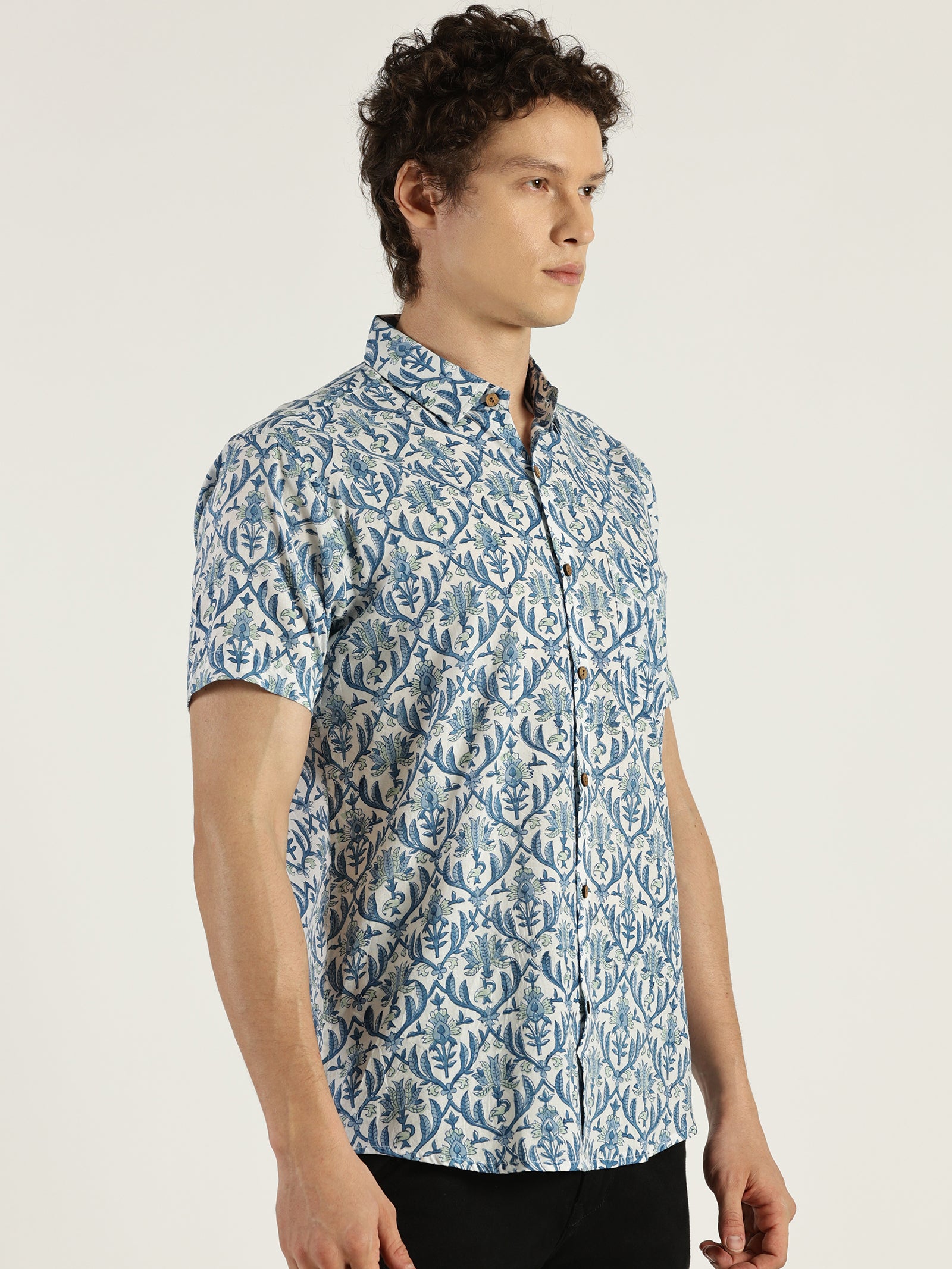 Blue Pottery Block Printed Halfsleeves Cotton Shirt by Brand Patrah