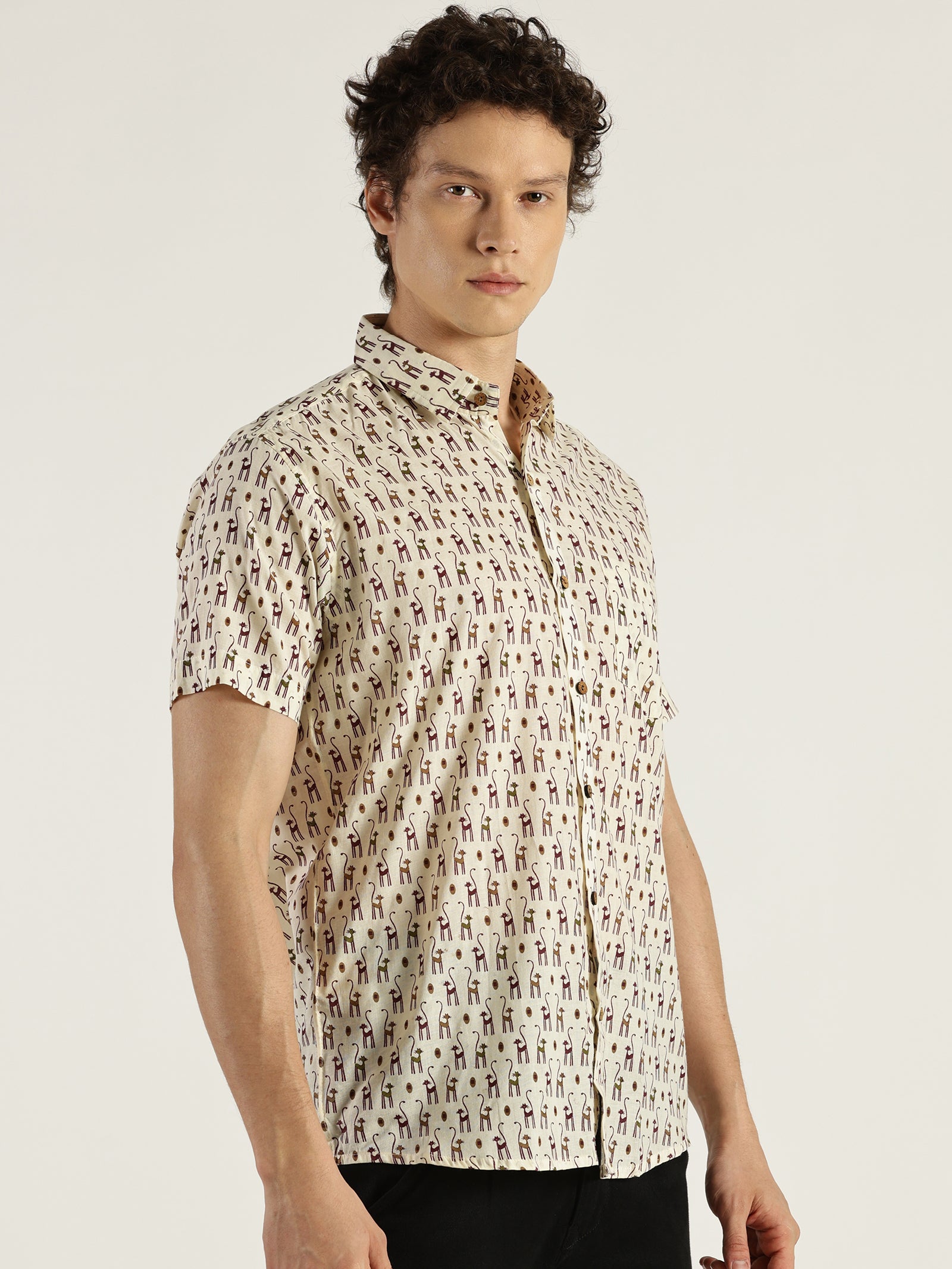 White Model wearing Sleeky Cat Printed Halfsleeves Cotton Shirt by Brand Patrah