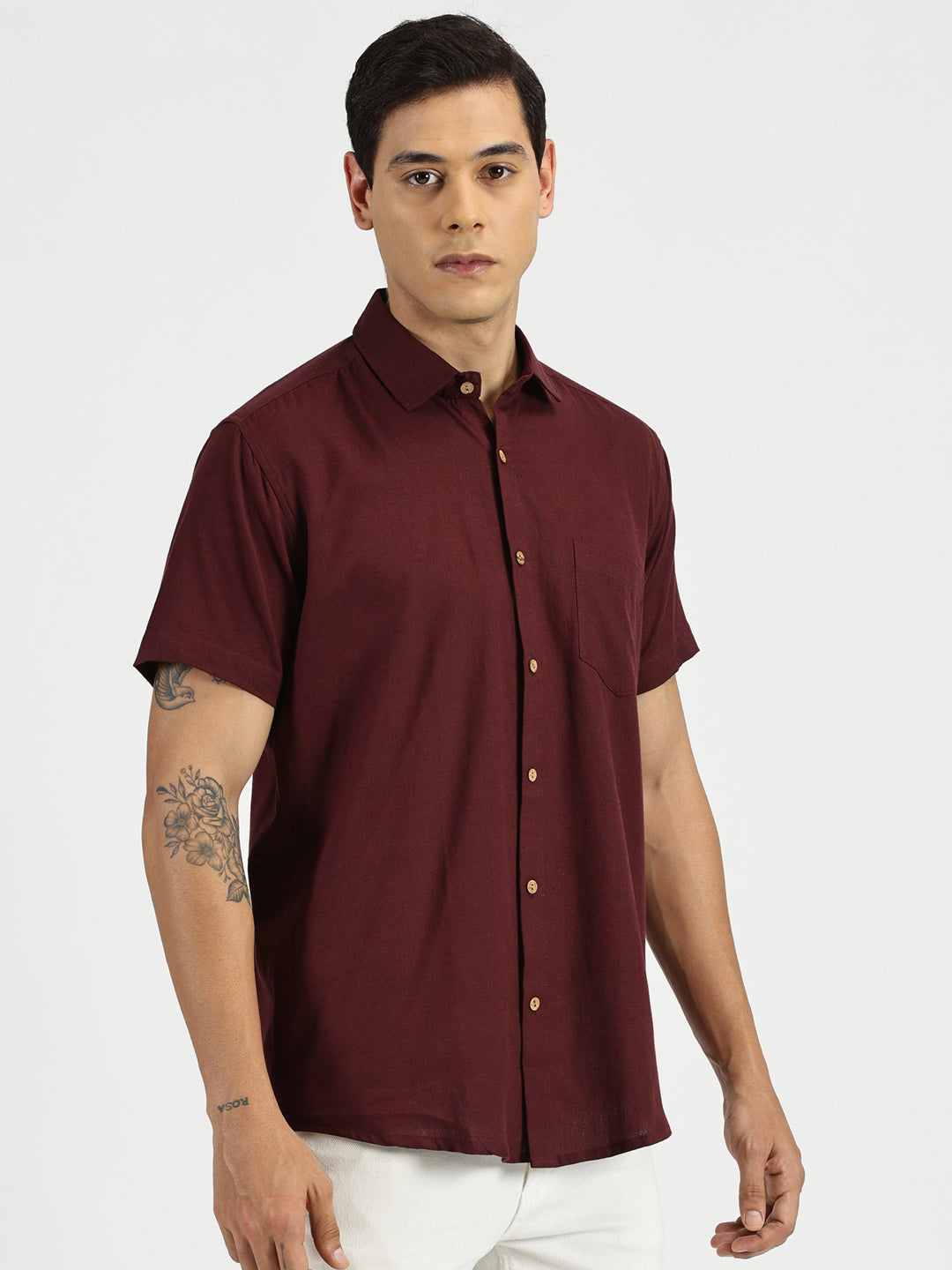 White Model wearing Maroon Slub Soft Cotton Halfsleeves Shirt by Brand Patrah