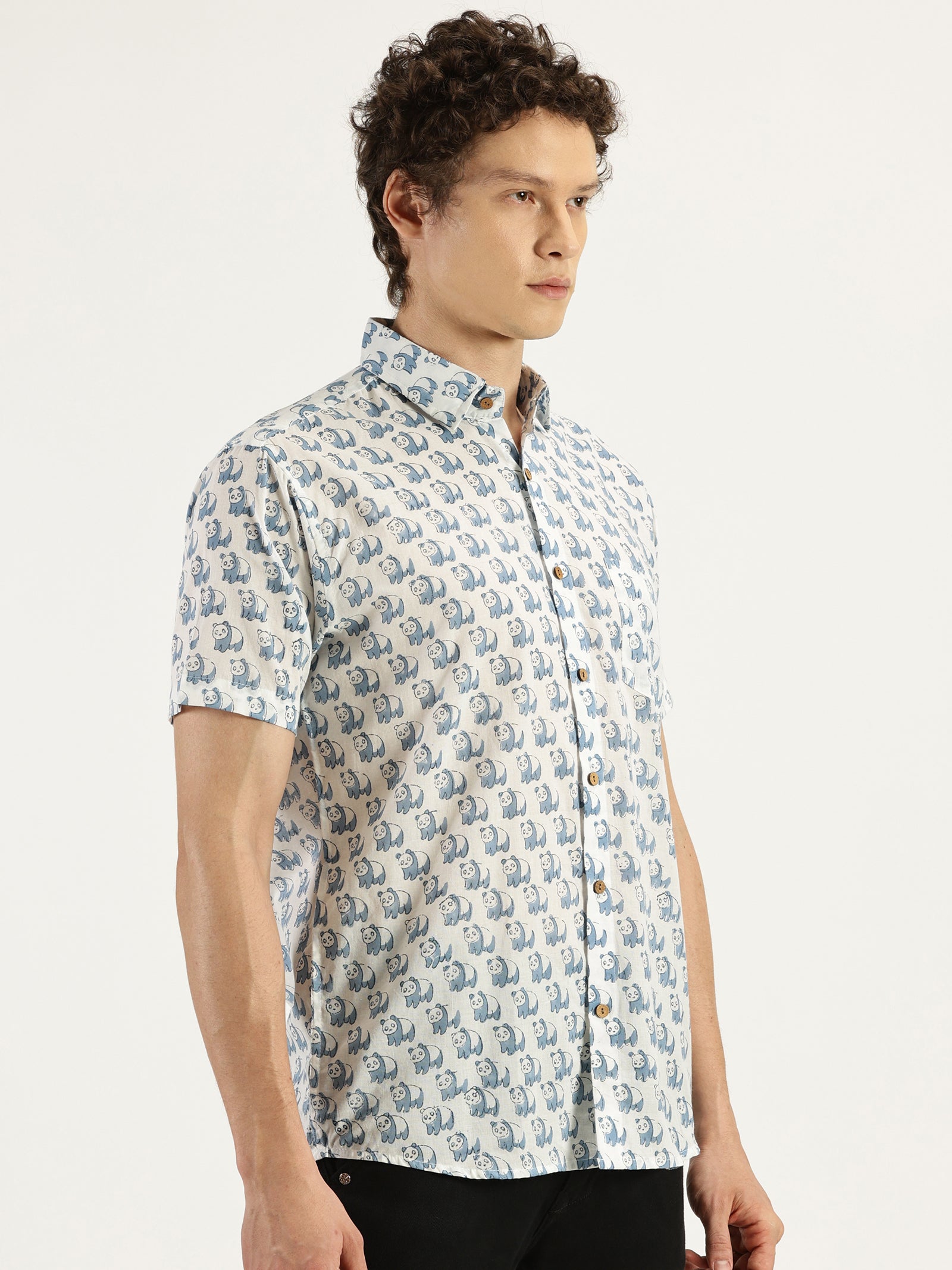 Blue Panda Block Printed Halfsleeves Cotton Shirt by Brand Patrah