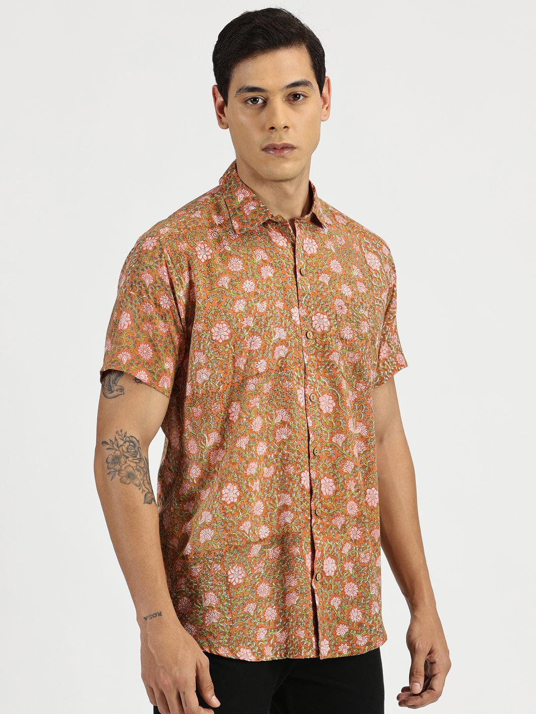 White Model wearing Rusty Blossom Block Printed Halfsleeves Mulmul Cotton Shirt by Brand Patrah