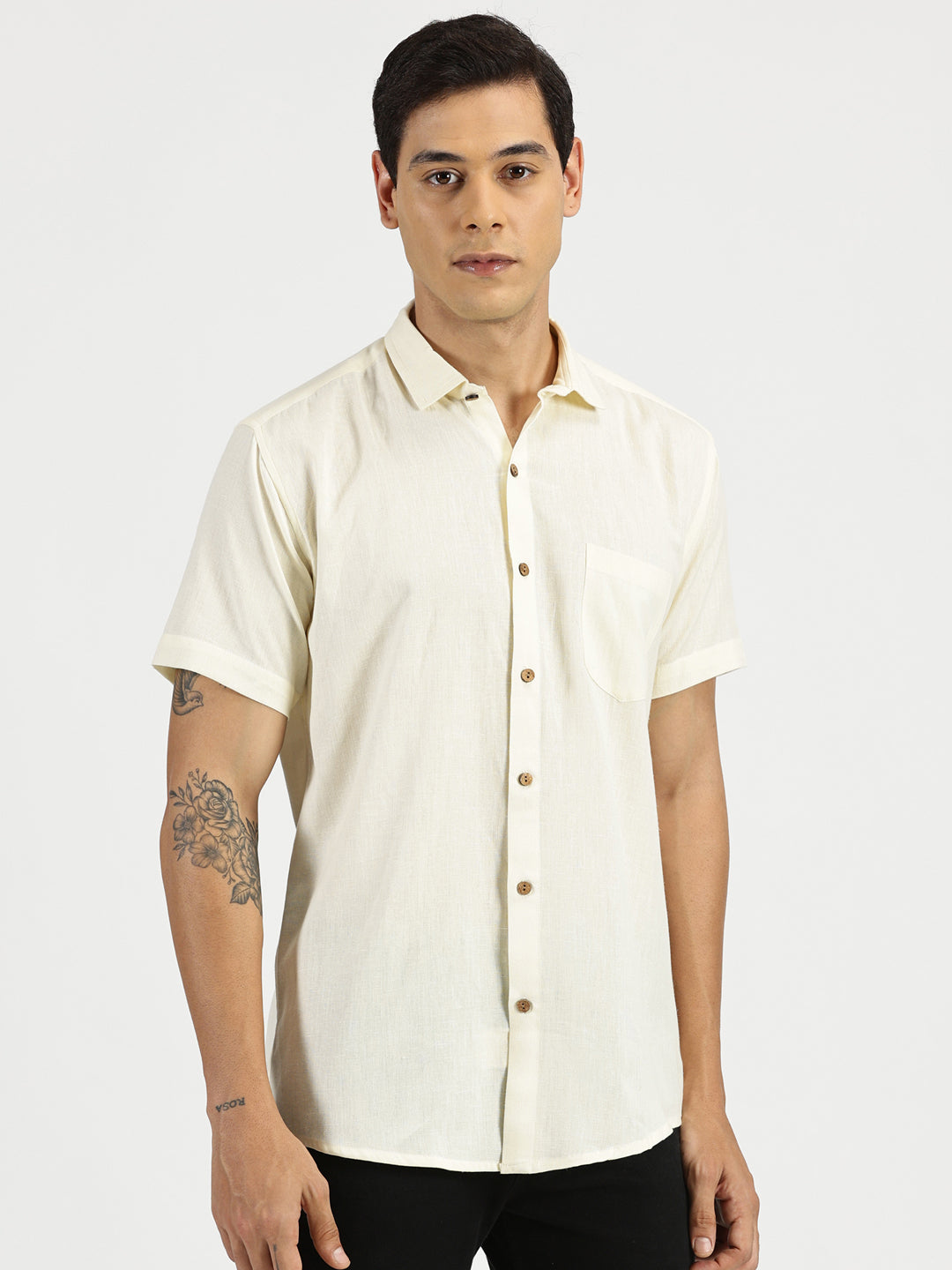 White Model wearing Off-white Slub Soft Cotton Halfsleeves Shirt by Brand Patrah