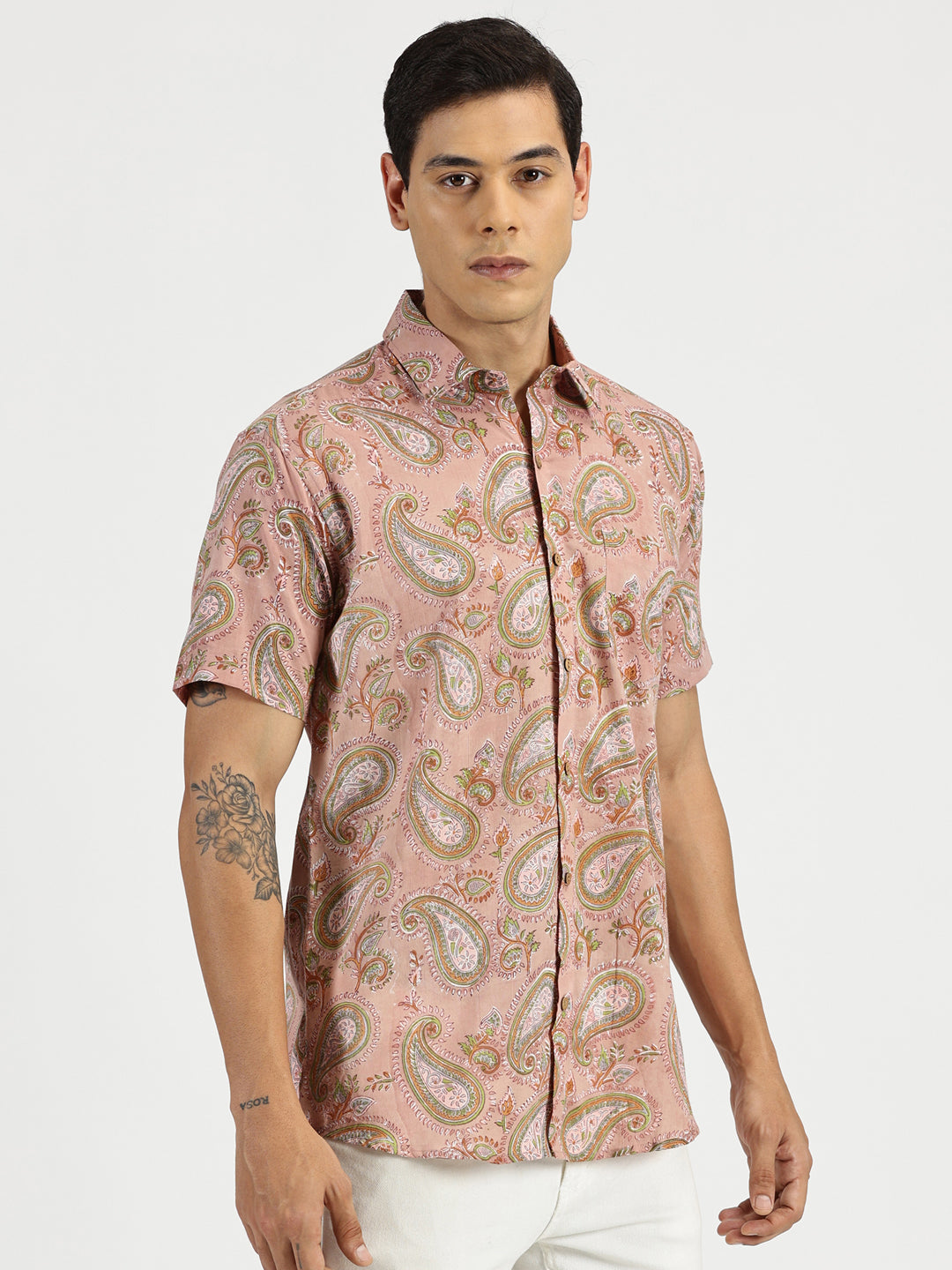 White Model wearing Pink Paisley Ethnic Block Printed Halfsleeves Cotton Shirt by Brand Patrah