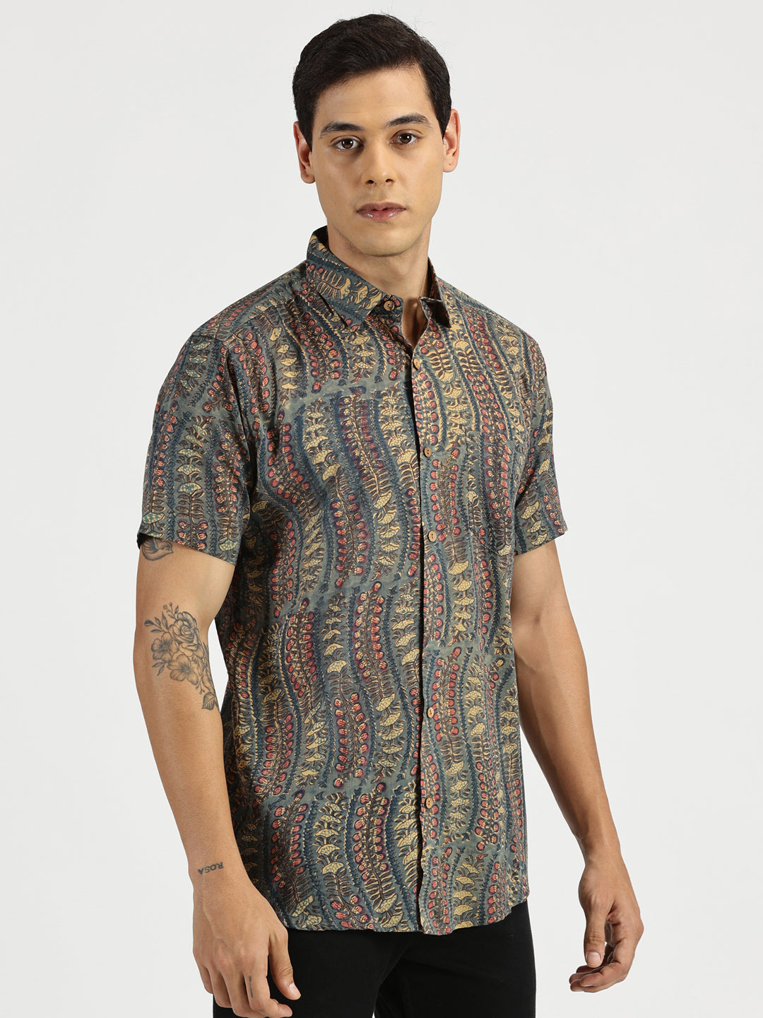 White Model wearing Emerald Nomad Block Printed Halfsleeves Mulmul Cotton Shirt by Brand Patrah