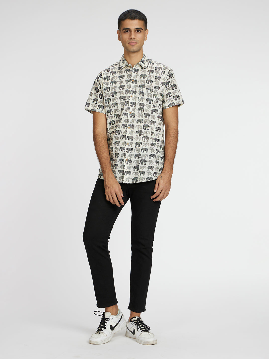 Brown Model wearing Black and white Elephant graphic Printed Halfsleeves Cotton Shirt by Brand Patrah