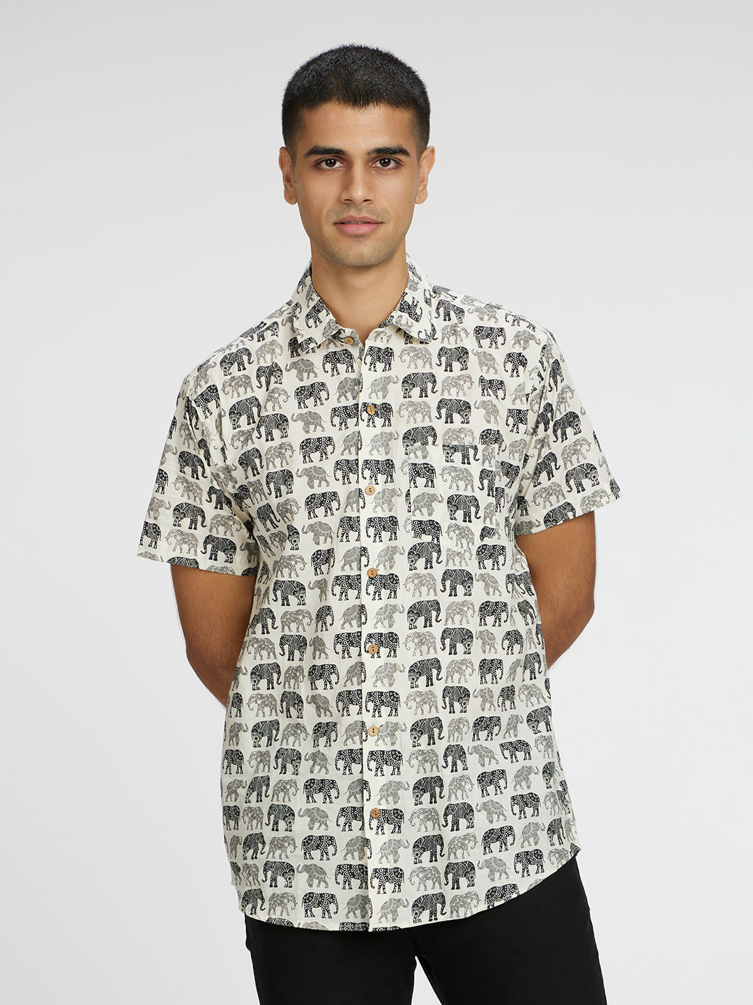 Brown Model wearing Black and white Elephant graphic Printed Halfsleeves Cotton Shirt by Brand Patrah