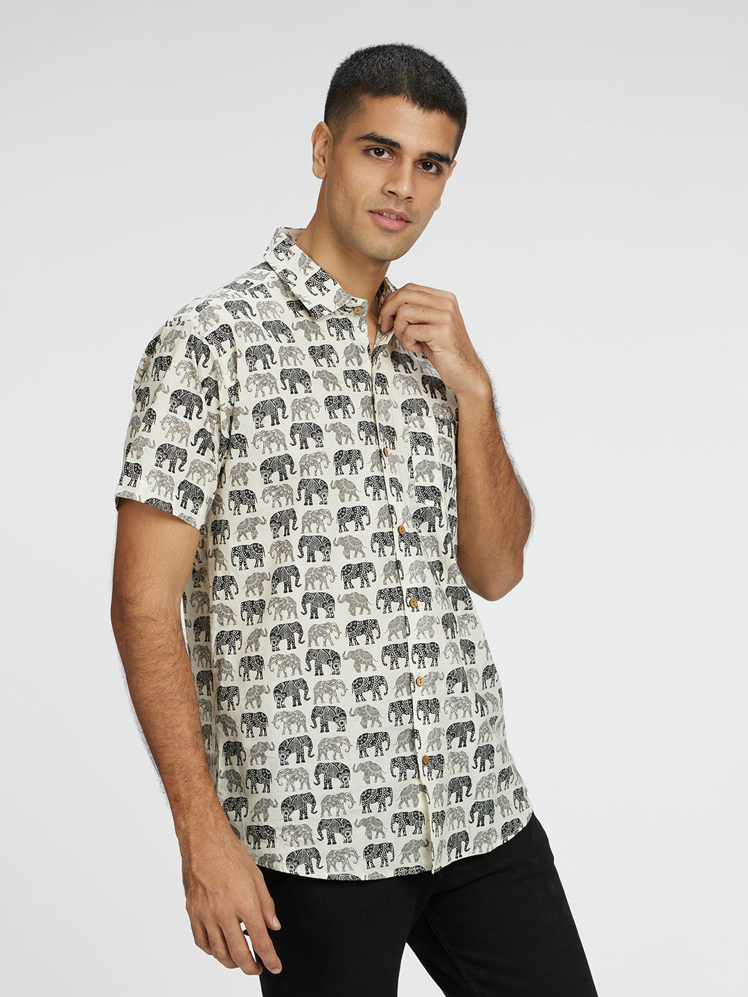 Brown Model wearing Black and white Elephant graphic Printed Halfsleeves Cotton Shirt by Brand Patrah