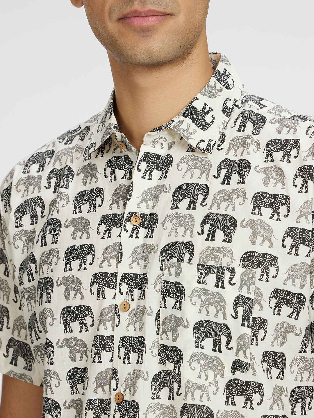 Close up of Black and white Elephant graphic Printed Halfsleeves Cotton Shirt by Brand Patrah