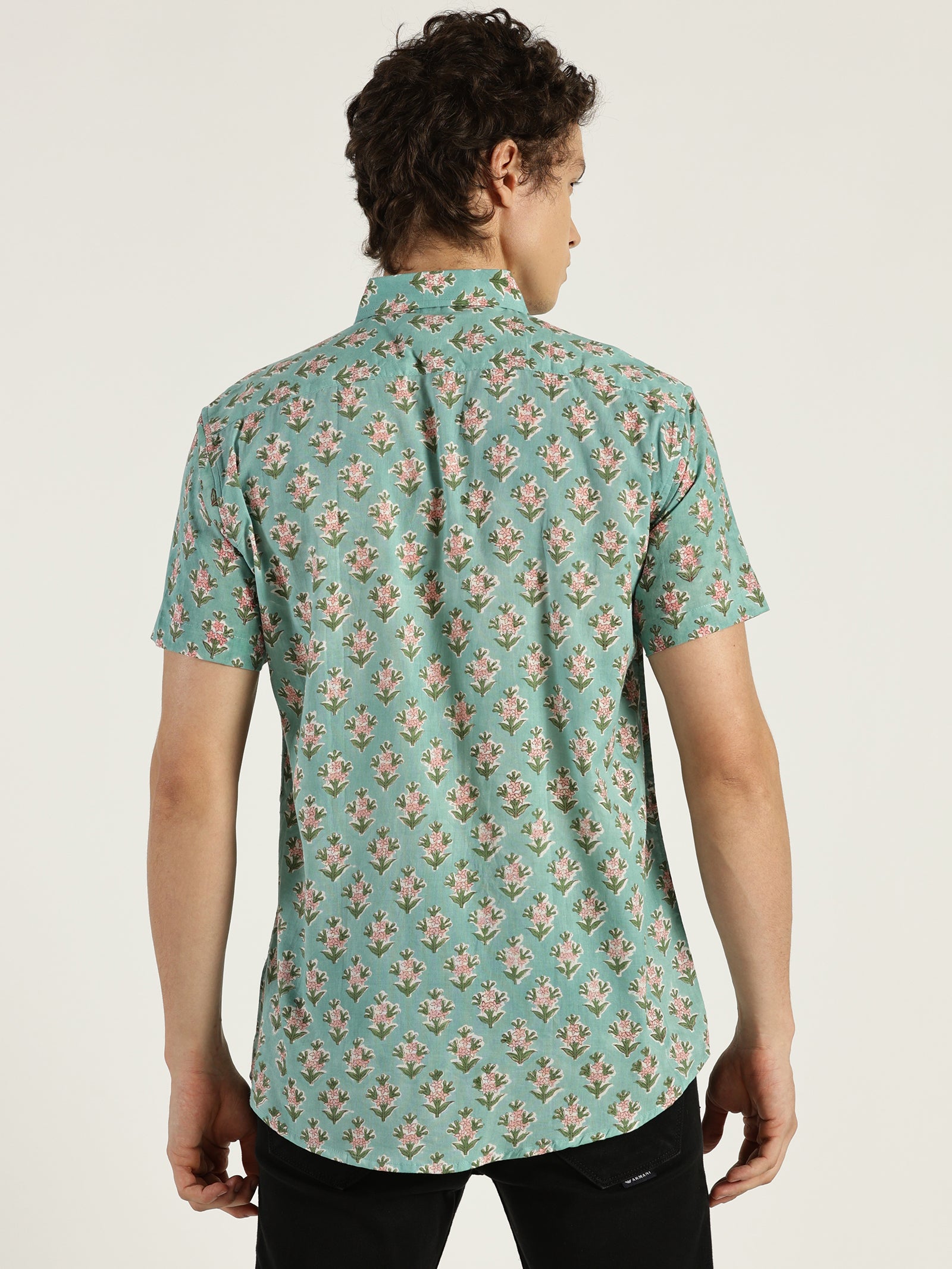 Model facing backwards wearing Good Vibes Block Printed Halfsleeves Cotton Shirt by Brand Patrah