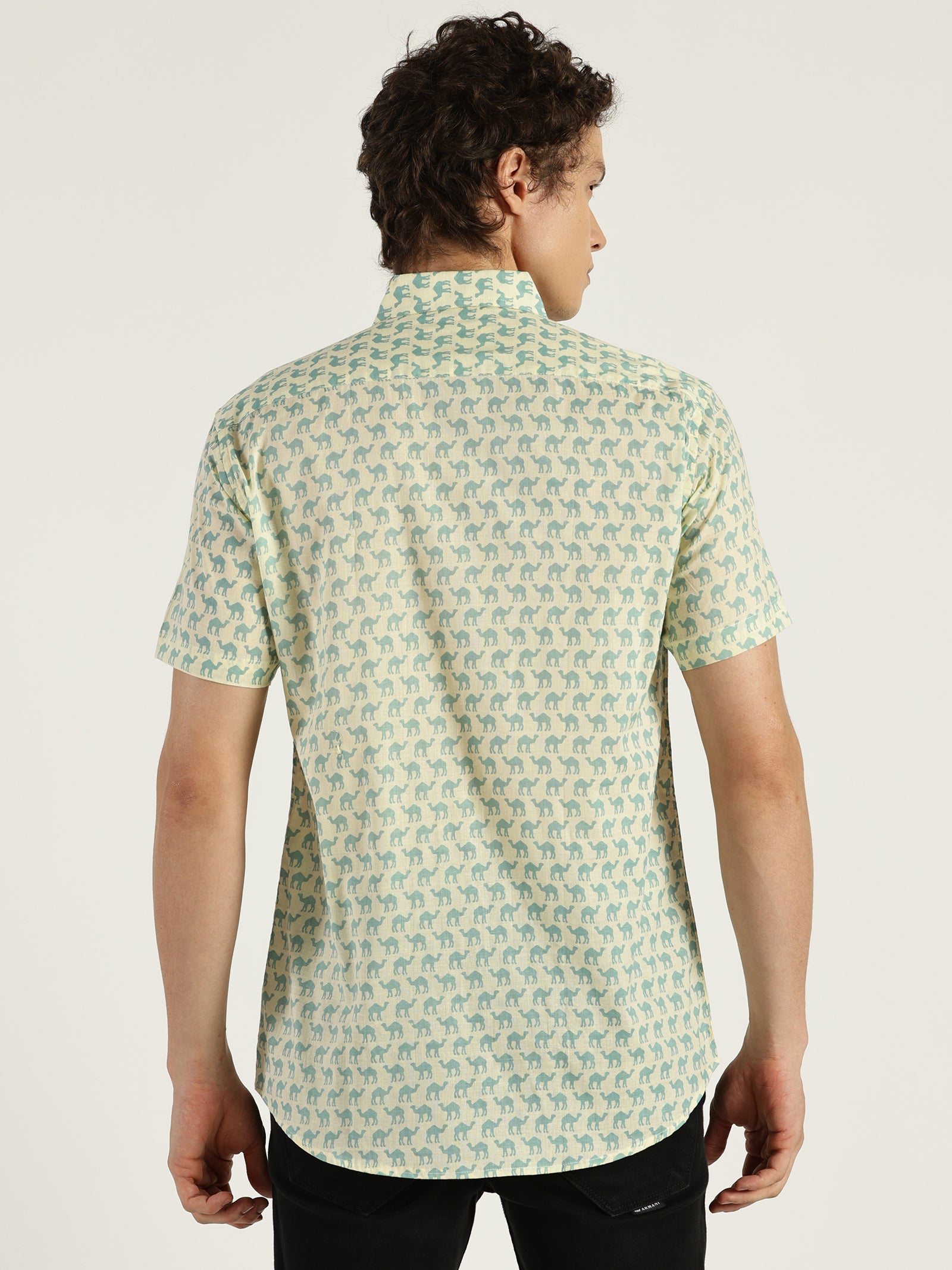 Model facing backwards wearing Light Blue Camel Printed Halfsleeves Cotton Shirt by Brand Patrah