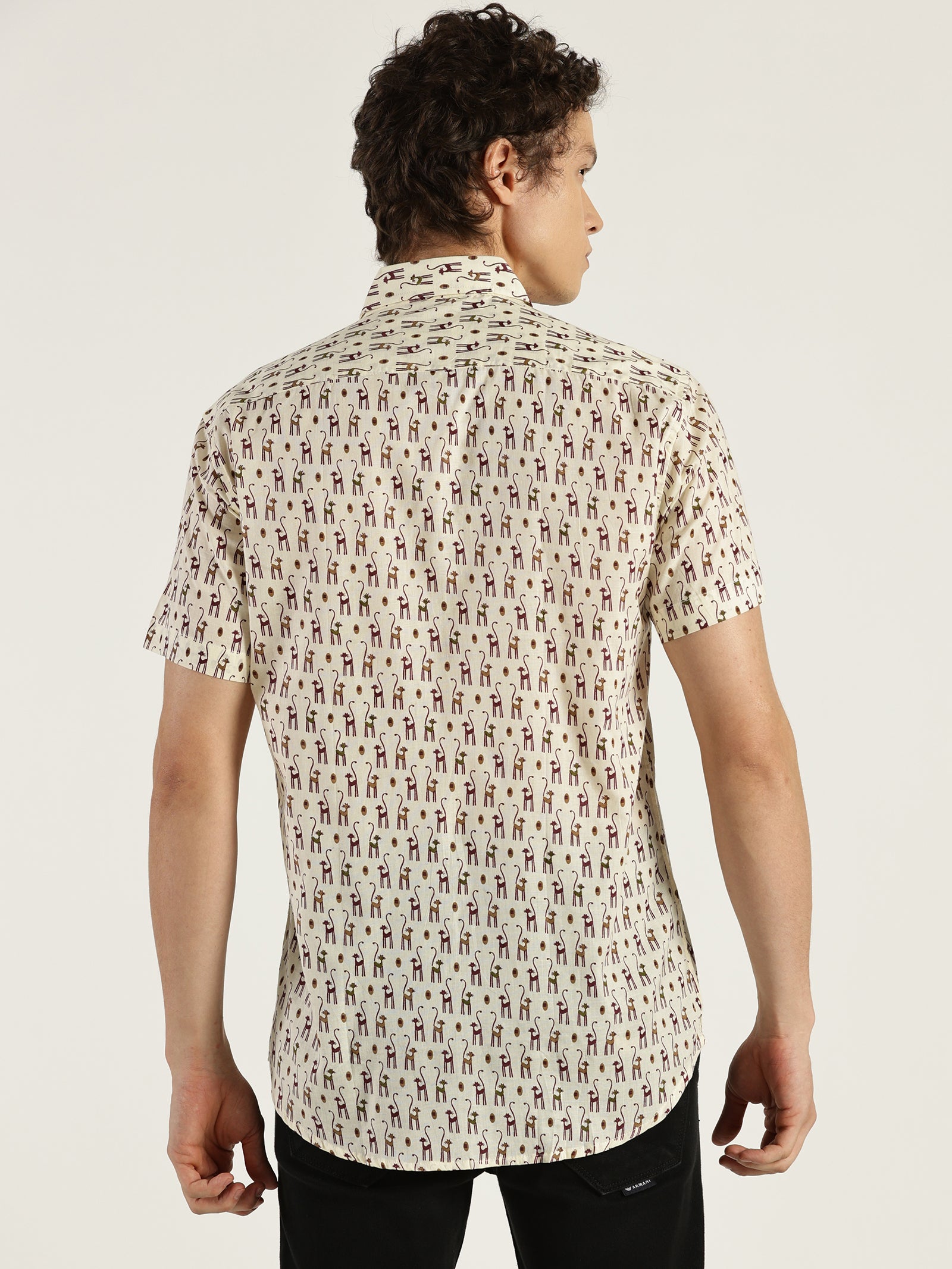 Model facing backwards wearing Sleeky Cat Printed Halfsleeves Cotton Shirt by Brand Patrah