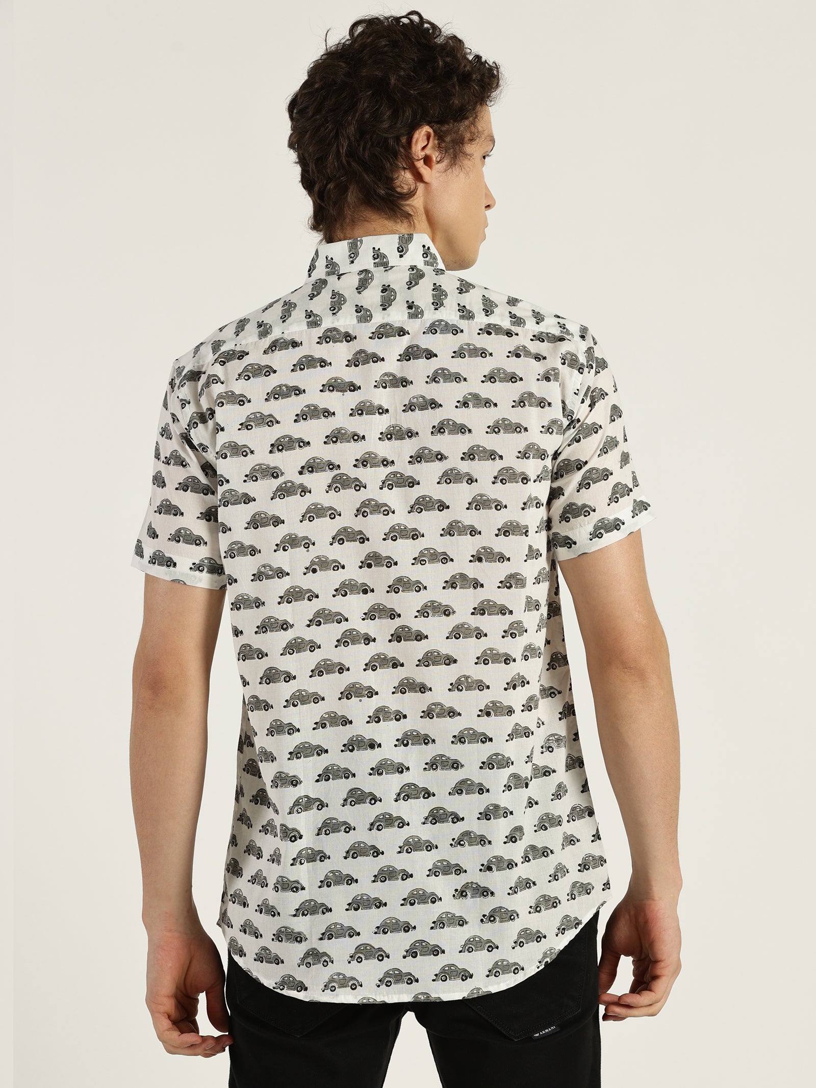 Model facing backwards wearing Grey Car Block Printed Halfsleeves Cotton Shirtt by Brand Patrah
