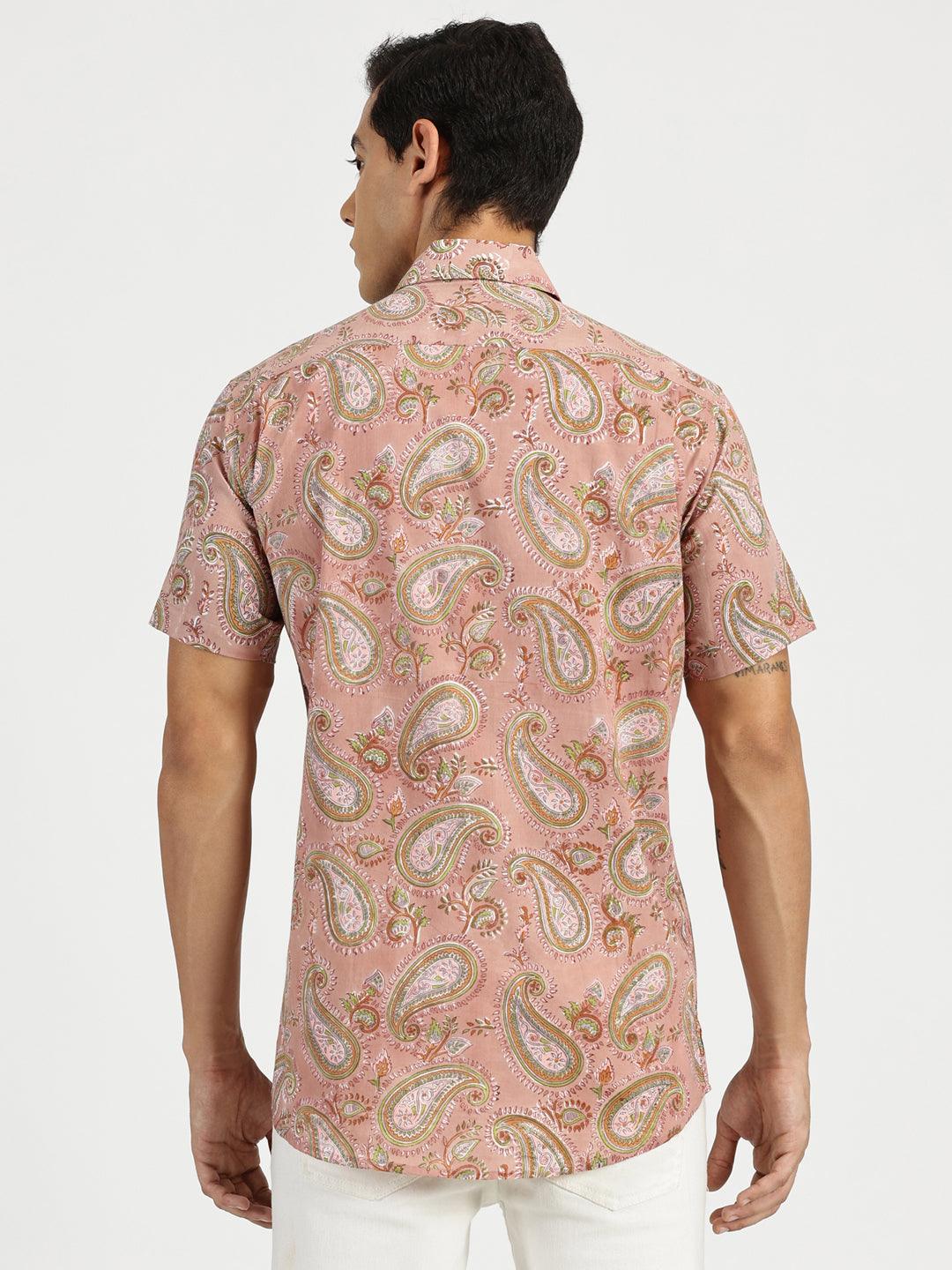 Model facing backwards wearing Pink Paisley Ethnic Block Printed Halfsleeves Cotton Shirt by Brand Patrah