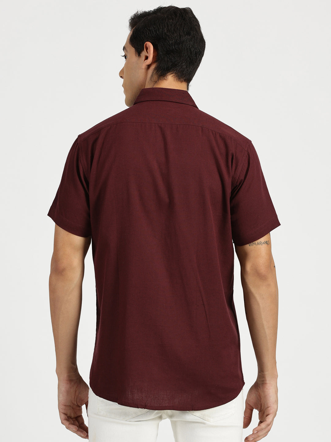 Model facing backwards wearing Maroon Slub Soft Cotton Halfsleeves Shirt by Brand Patrah