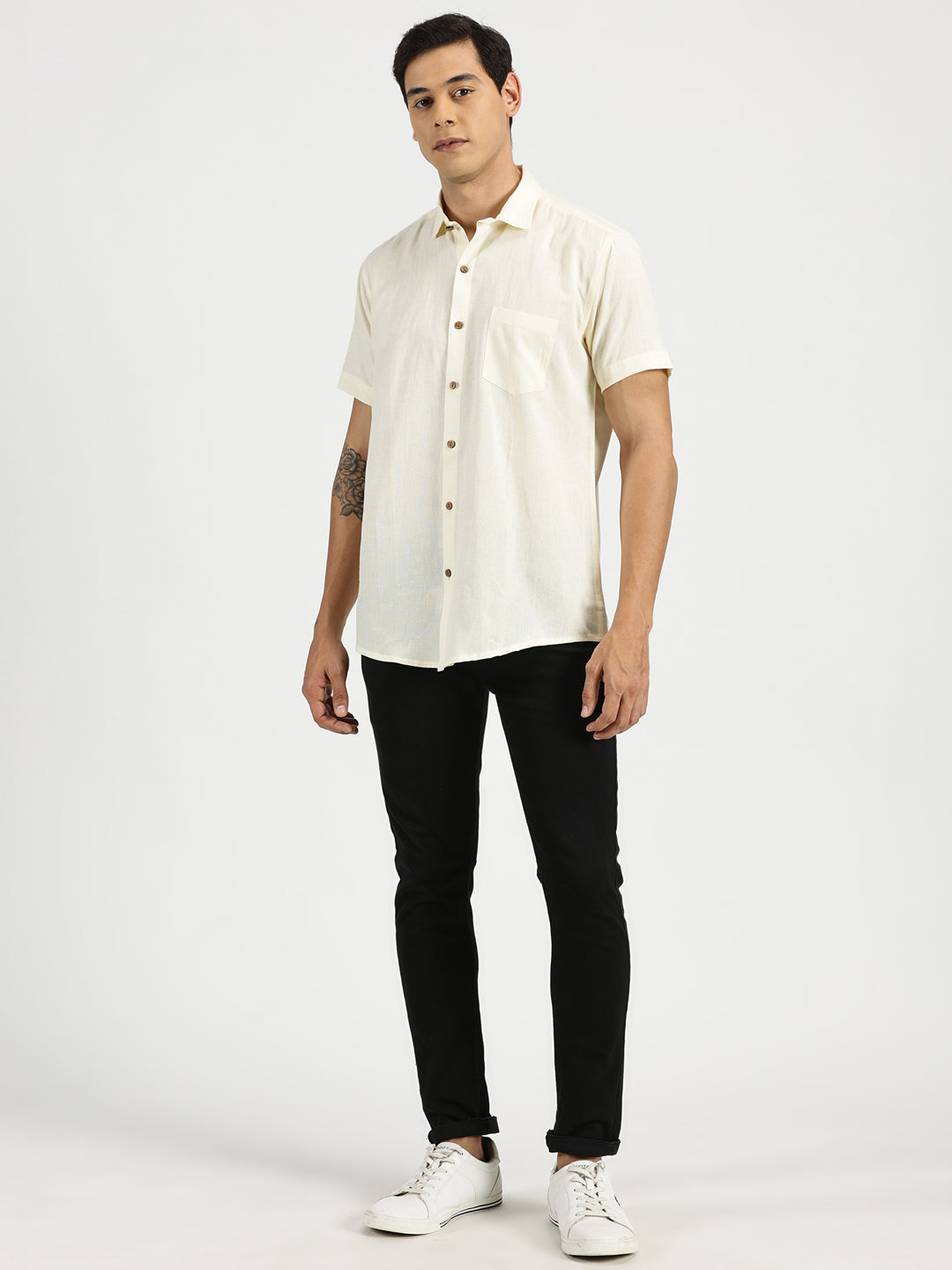 White Model wearing Off-white Slub Soft Cotton Halfsleeves Shirt by Brand Patrah