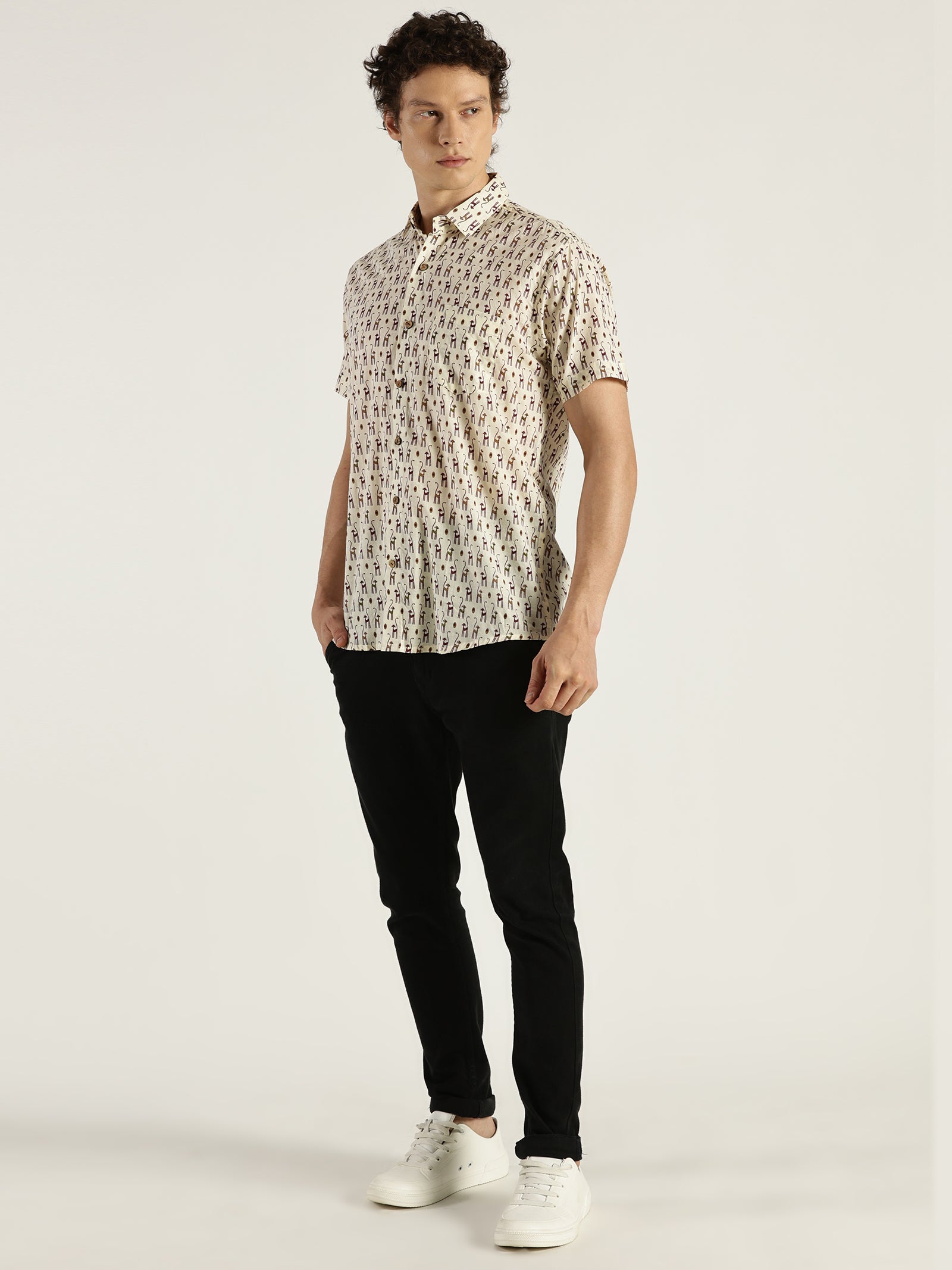 Model Looking sideways in Sleeky Cat Printed Halfsleeves Cotton Shirt by Brand Patrah