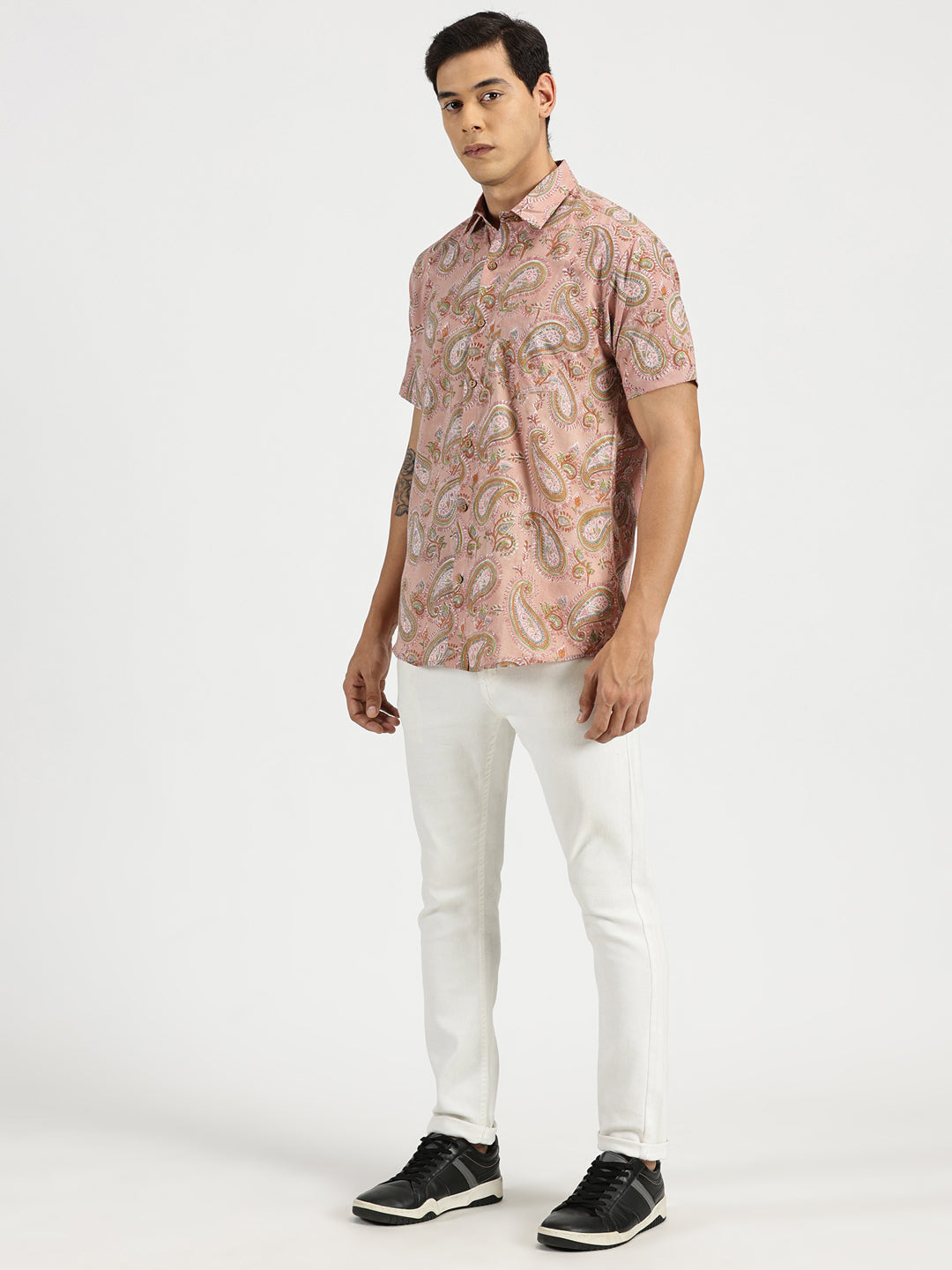White Model wearing Pink Paisley Ethnic Block Printed Halfsleeves Cotton Shirt by Brand Patrah