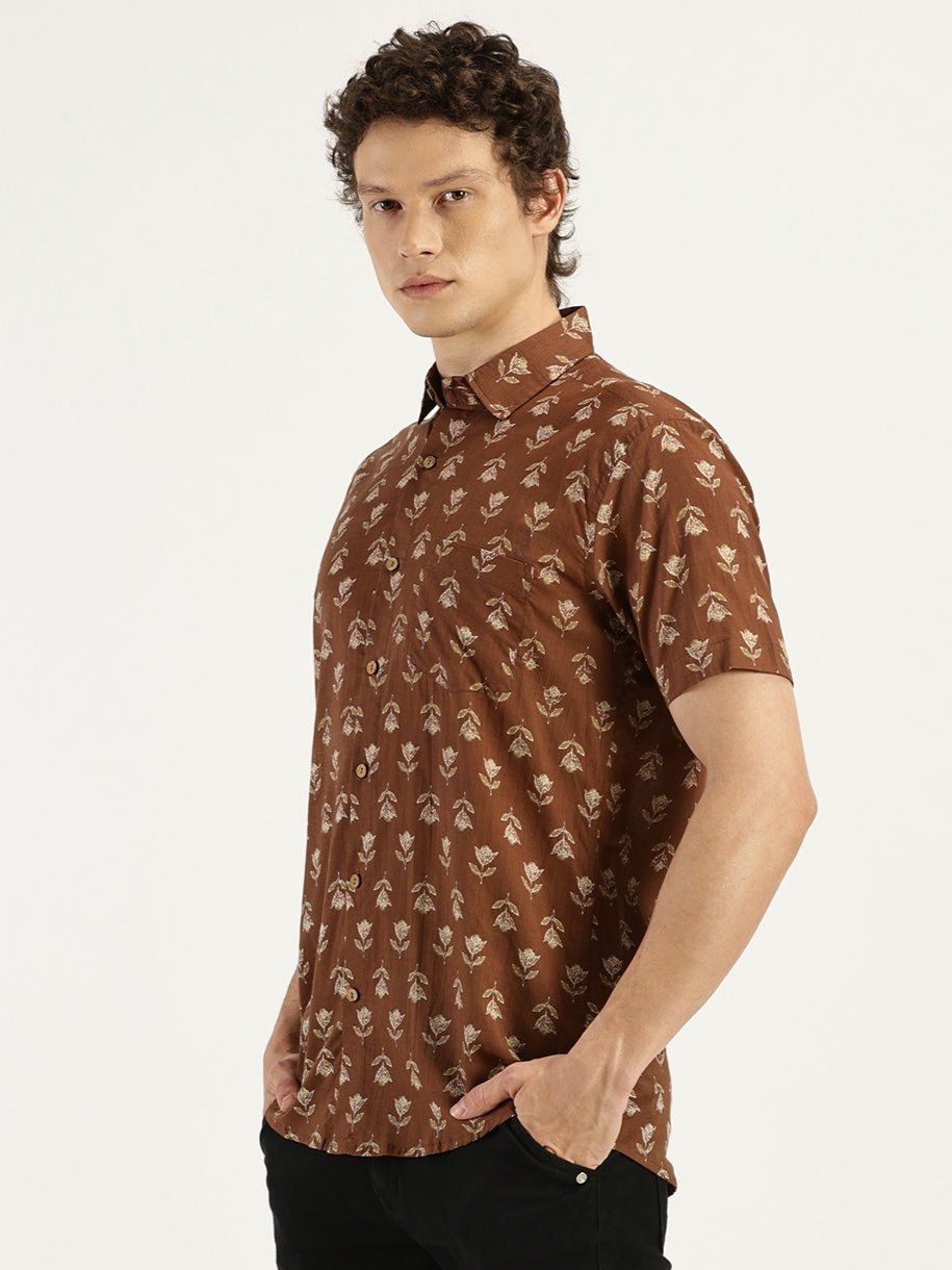 White Model wearing Earthy Brown Floral Printed Halfsleeves Cotton Shirt by Brand Patrah