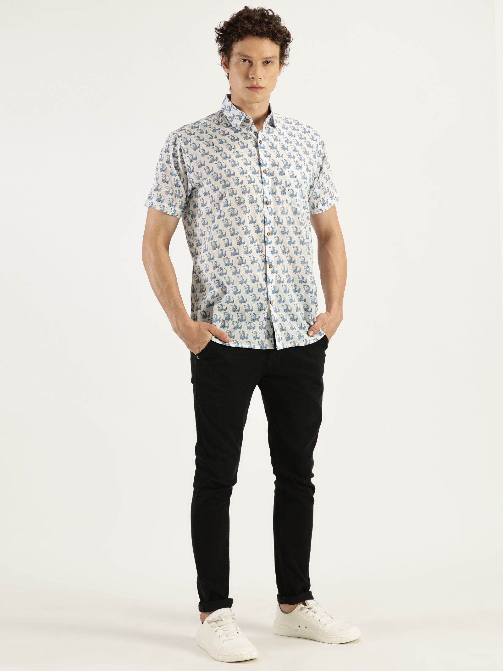 Blue Panda Block Printed Halfsleeves Cotton Shirt by Brand Patrah