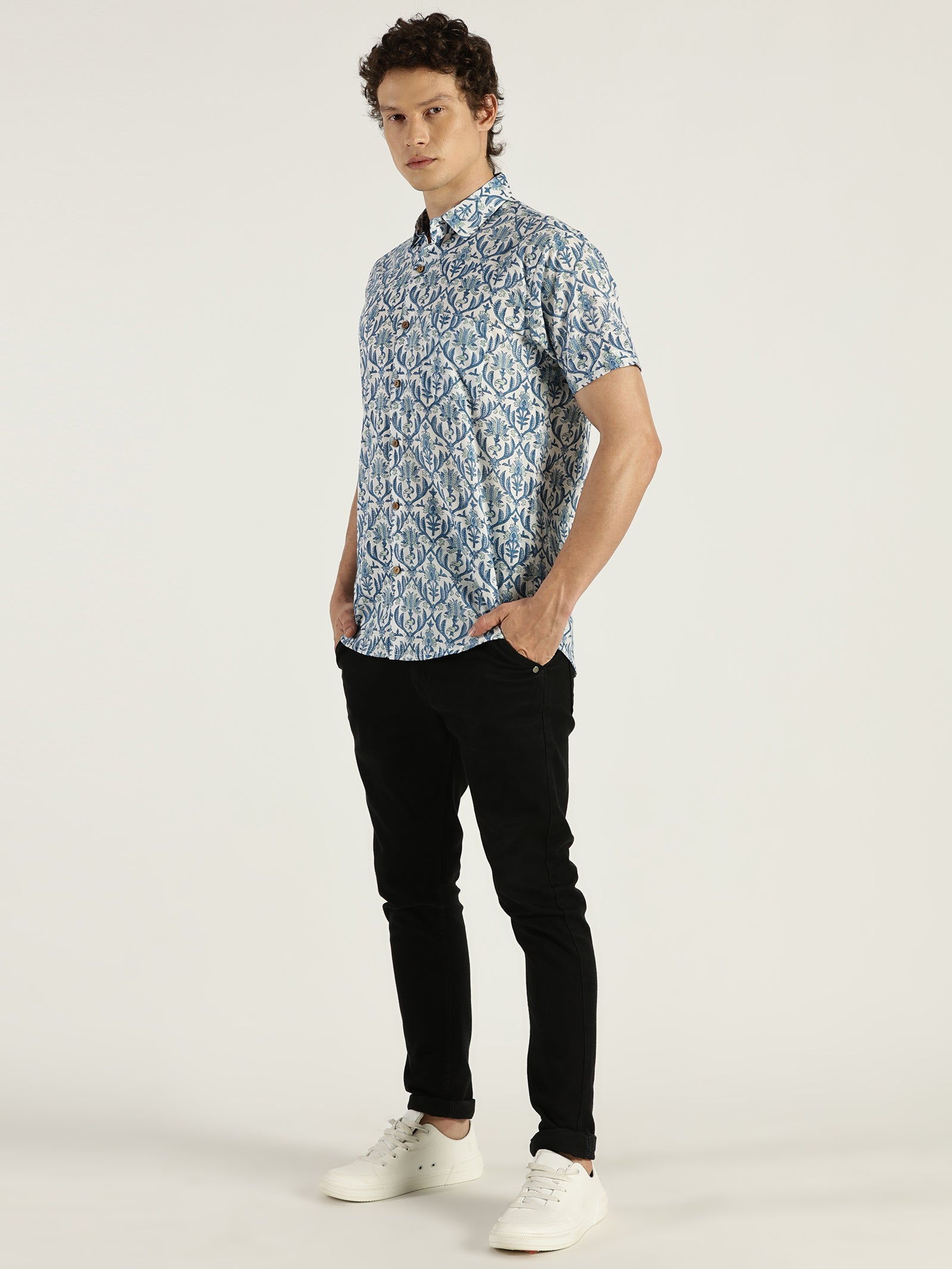 Blue Pottery Block Printed Halfsleeves Cotton Shirt by Brand Patrah