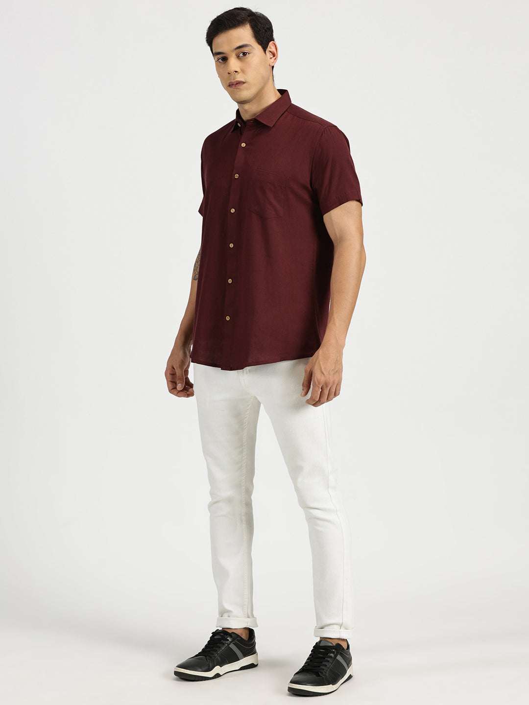 White Model wearing Maroon Slub Soft Cotton Halfsleeves Shirt by Brand Patrah