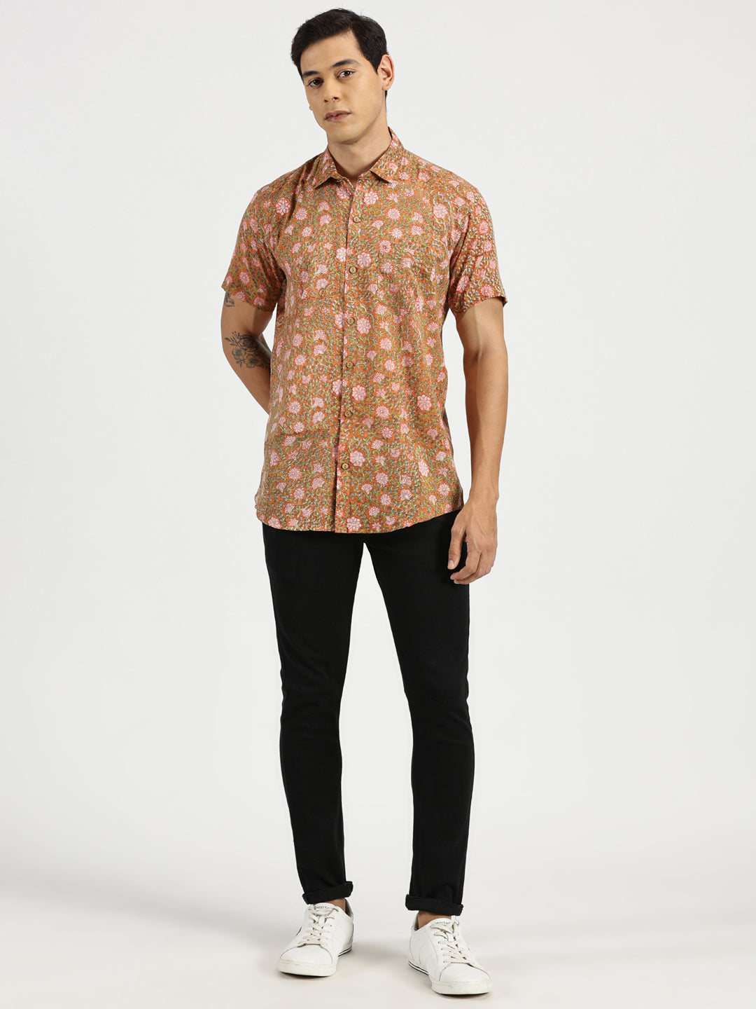 White Model wearing Rusty Blossom Block Printed Halfsleeves Mulmul Cotton Shirt by Brand Patrah