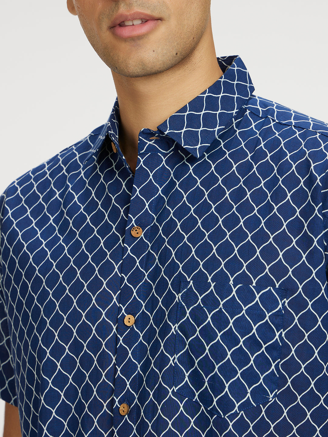 Close up of Blue Designer Wavestripe Printed Halfsleeves Cotton Shirt by Brand Patrah