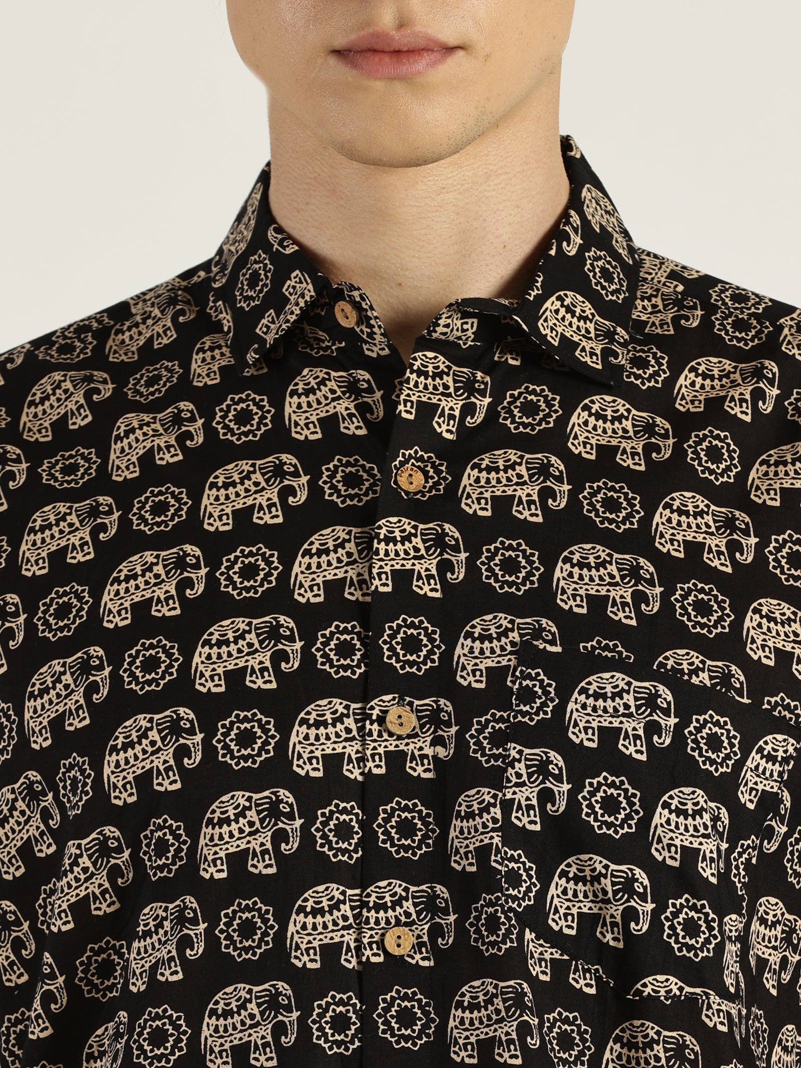 Close up of Black Ethnic Elephant Printed Halfsleeves Cotton Shirt by Brand Patrah