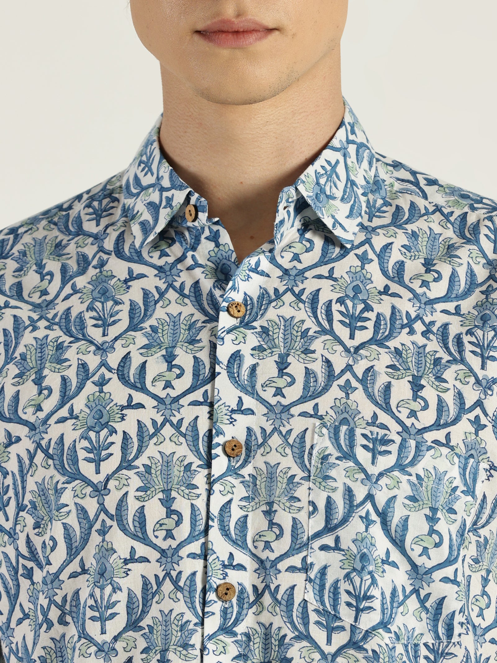 Close up of Blue Pottery Block Printed Halfsleeves Cotton Shirt by Brand Patrah